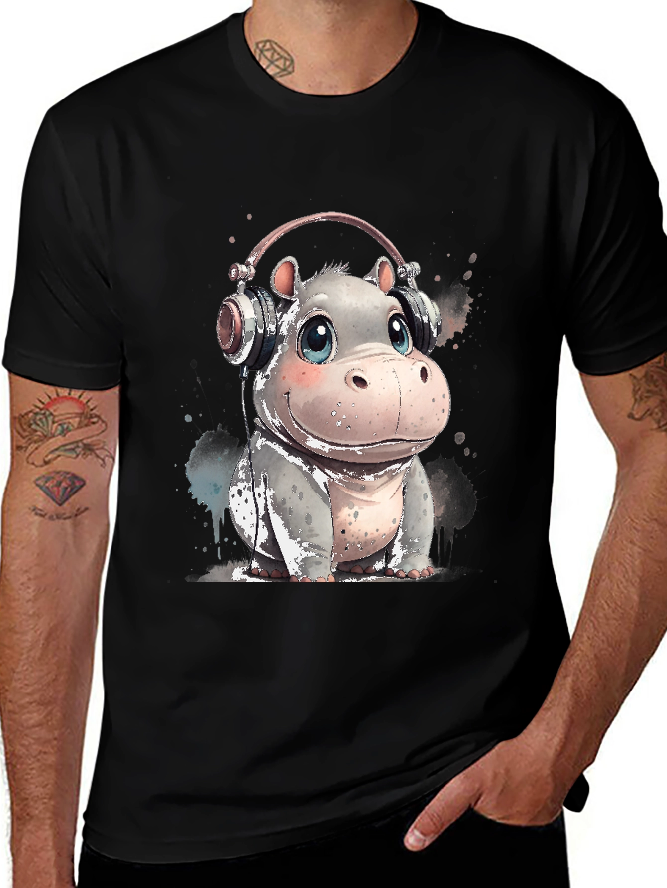 Variant 23 of Hippo Headphones T-Shirt - Cute Animal Tee