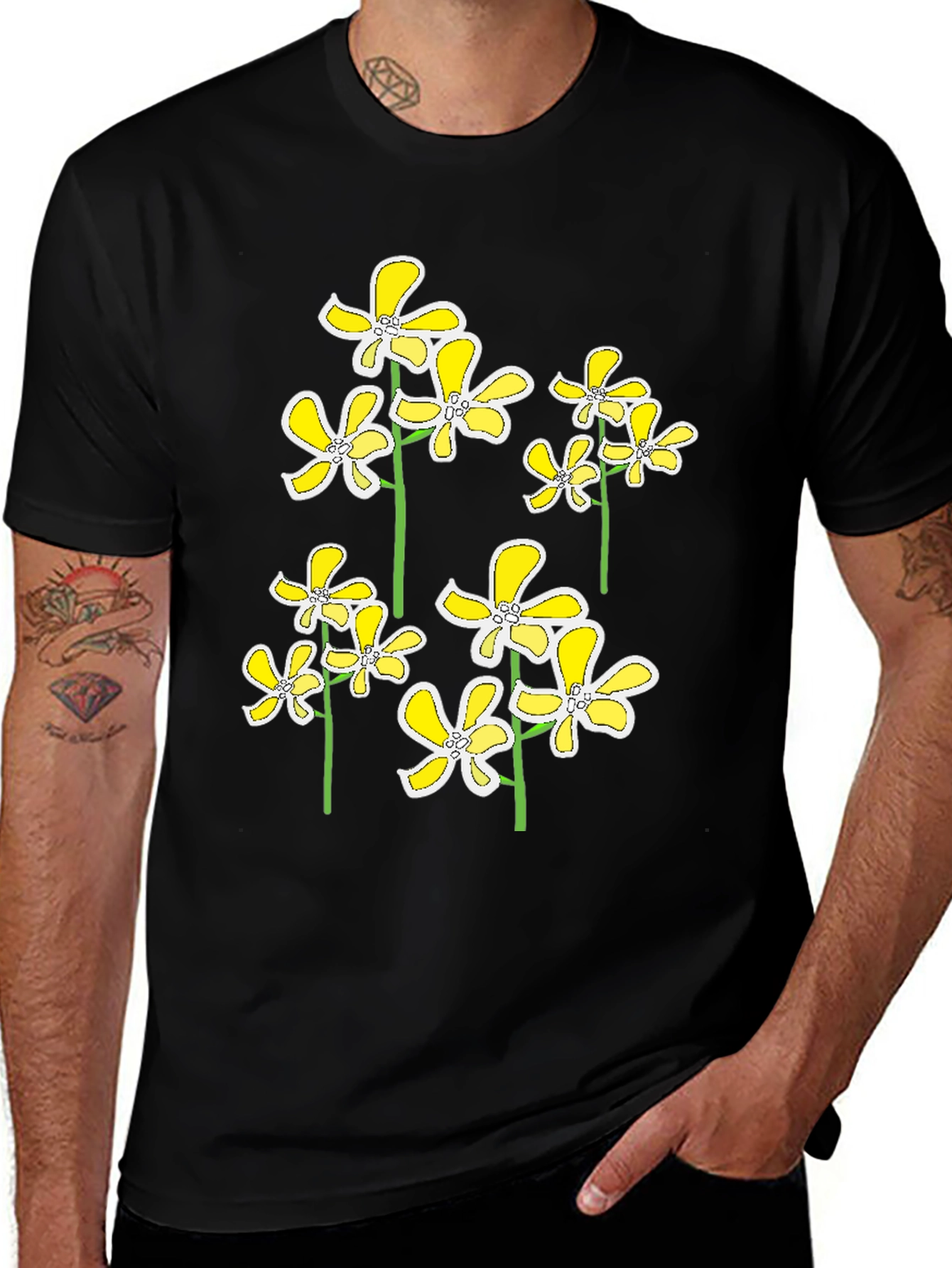 Variant 11 of Floral Print Black T-Shirt - Yellow Flower Design