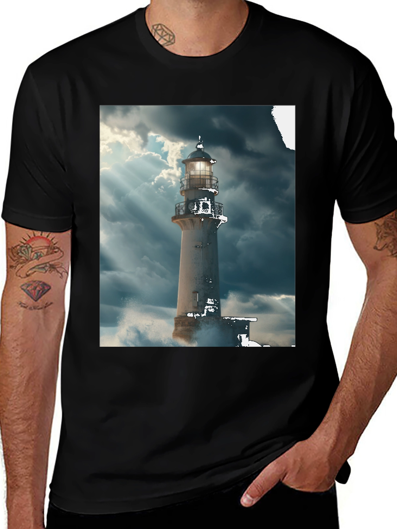Variant 24 of Lighthouse Graphic Tee - Stormy Sea Design