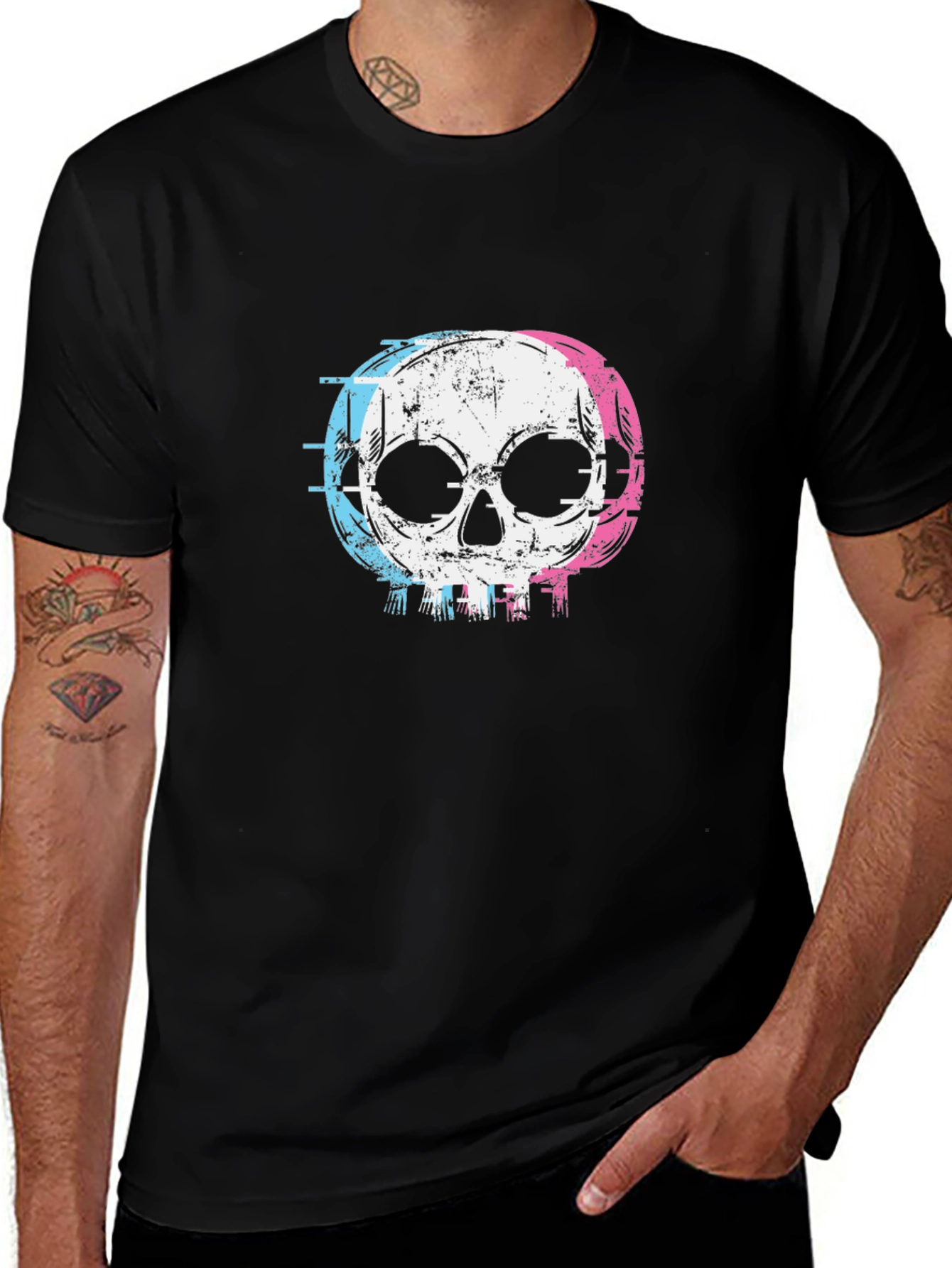 Variant 20 of Skull Graphic T-Shirt - Glitch Style, Black Cotton Tee