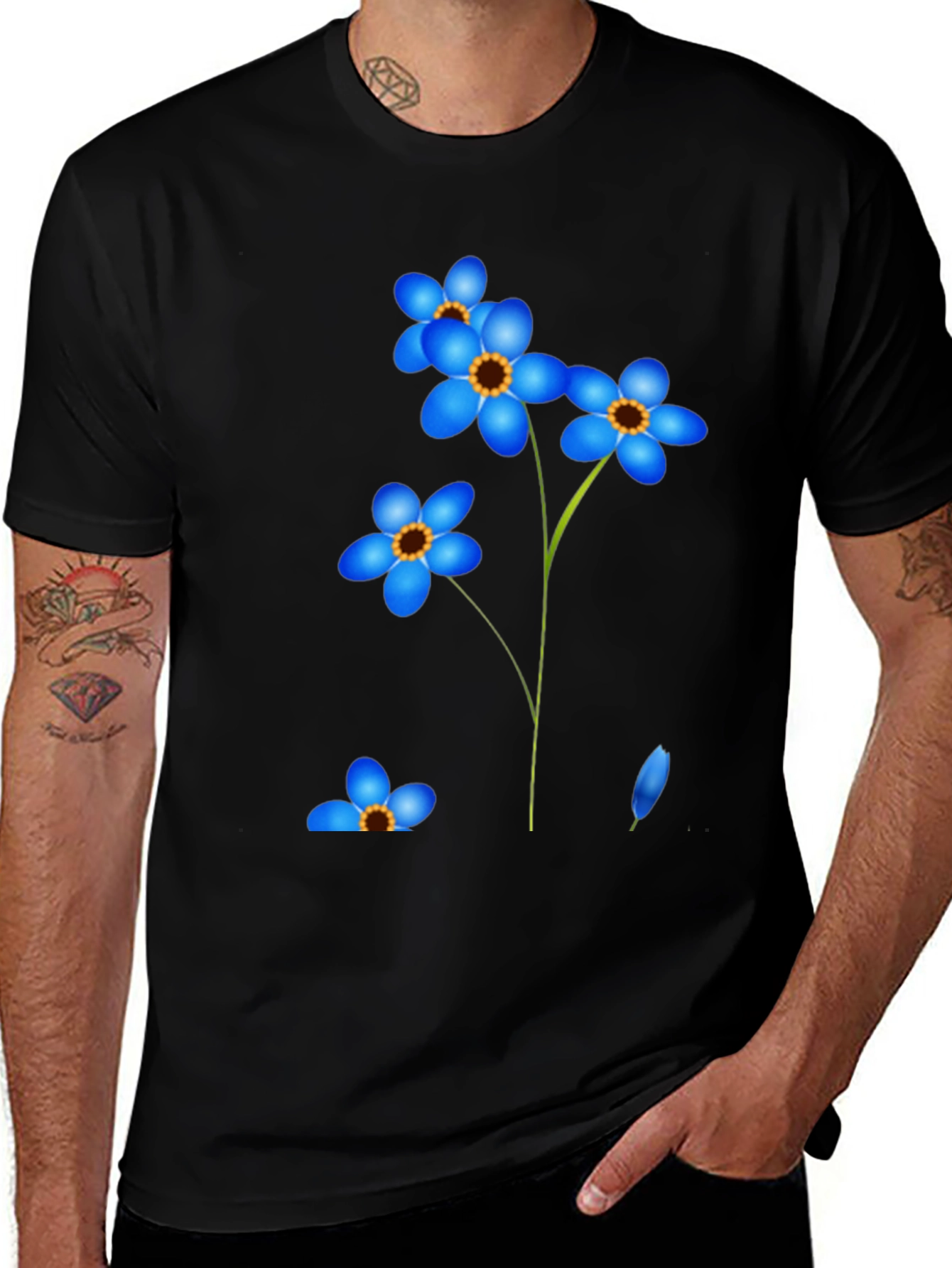 Variant 7 of Black Floral T-Shirt - Blue Flowers