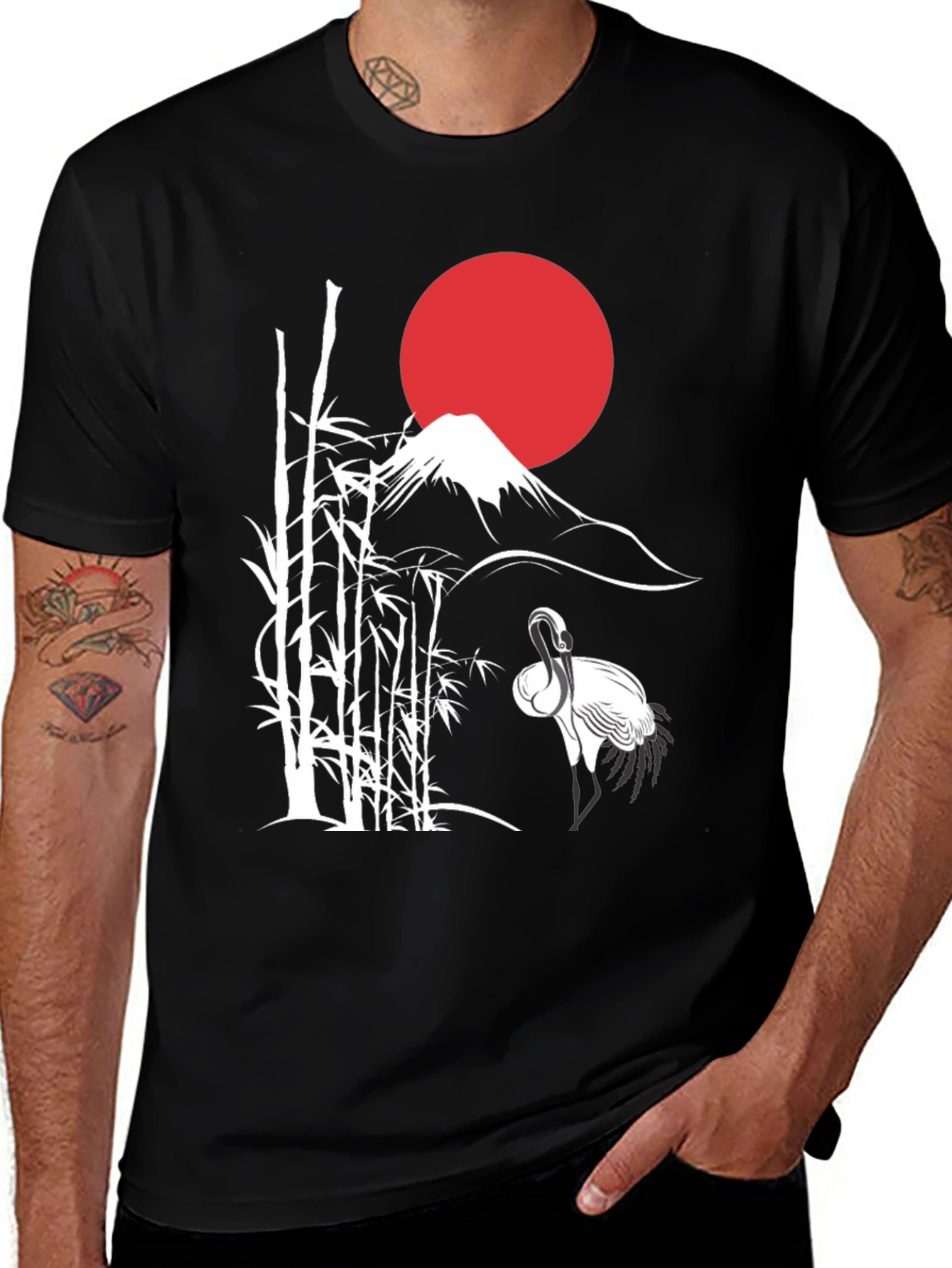 Japanese Art Crane & Mount Fuji Black T-Shirt