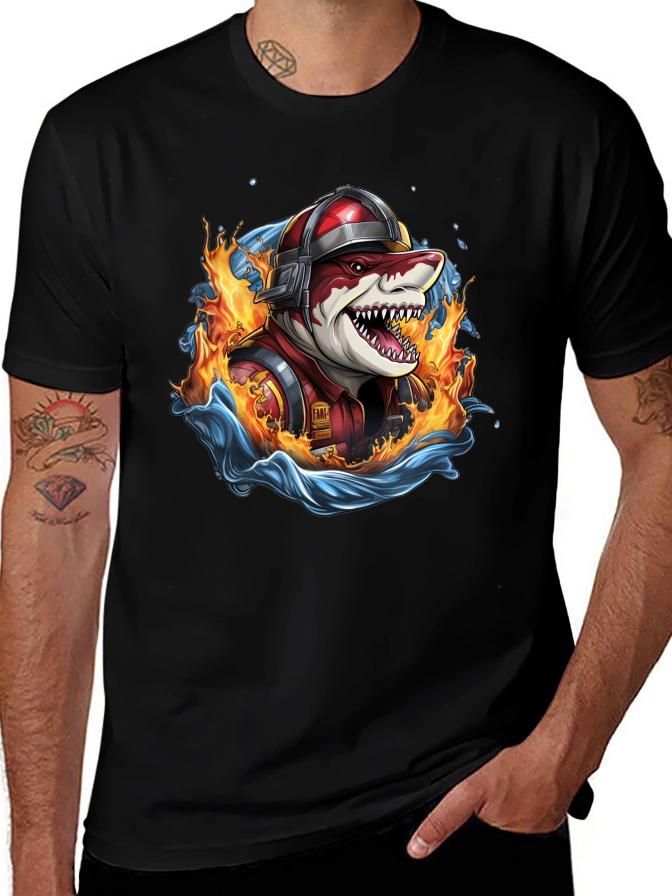 Variant 28 of Firefighter Shark Graphic Tee - Men's Black T-Shirt