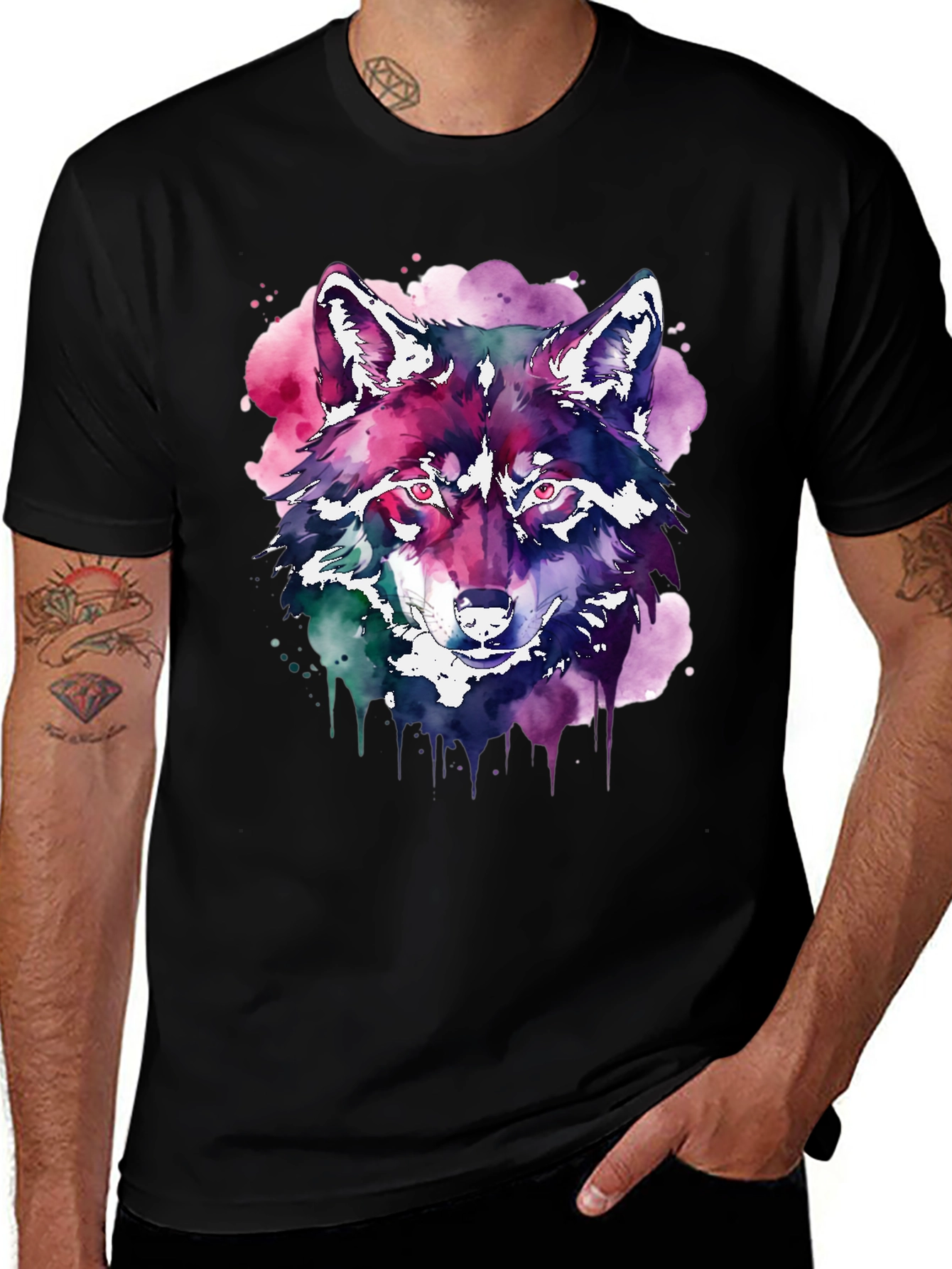 Black Watercolor Wolf Graphic T-Shirt - Black main image