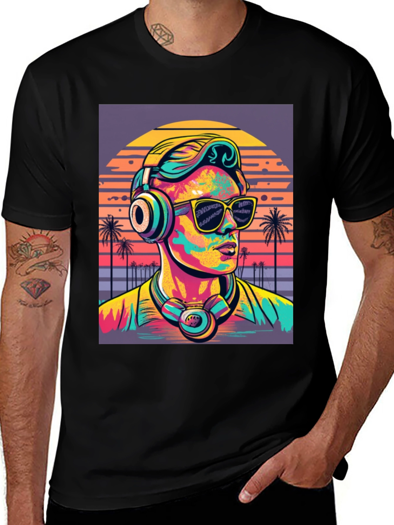 Variant 16 of Retro Sunset DJ T-Shirt: Vibrant 80s Style