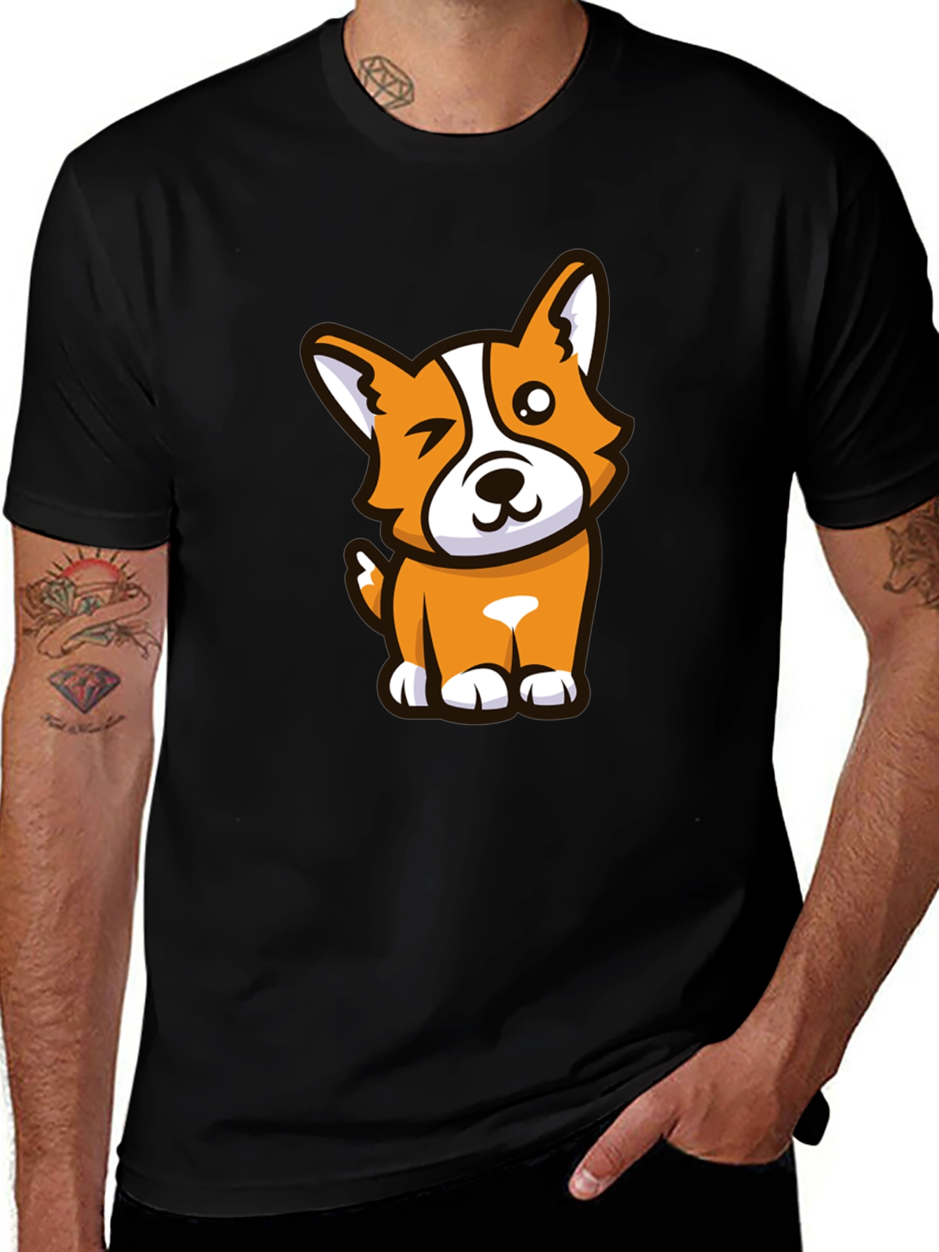 Variant 14 of Cute Corgi Wink Graphic Tee - Black Cotton Casual Shirt