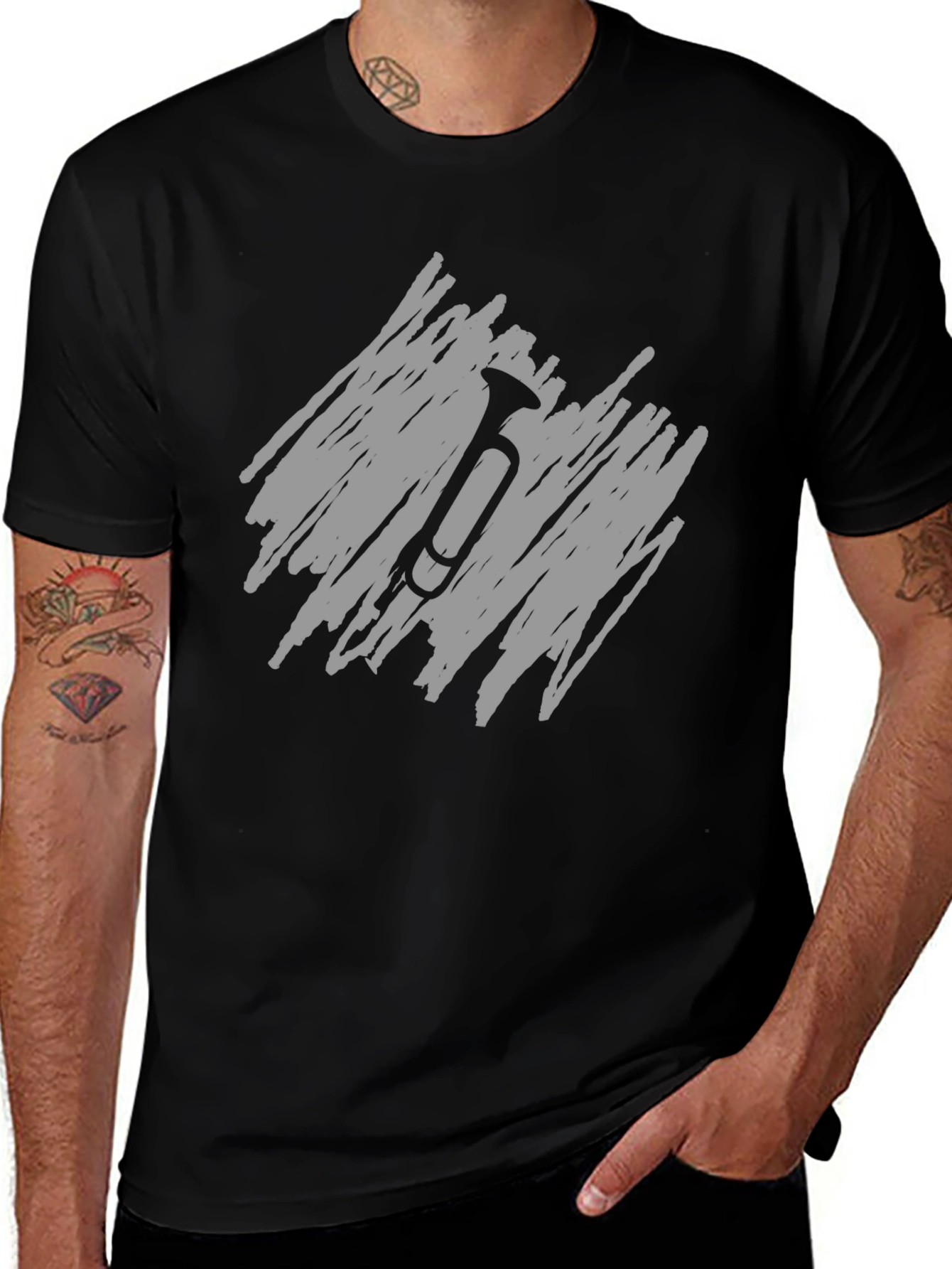 Variant 24 of Men's Black T-Shirt with Scribble Trumpet Design