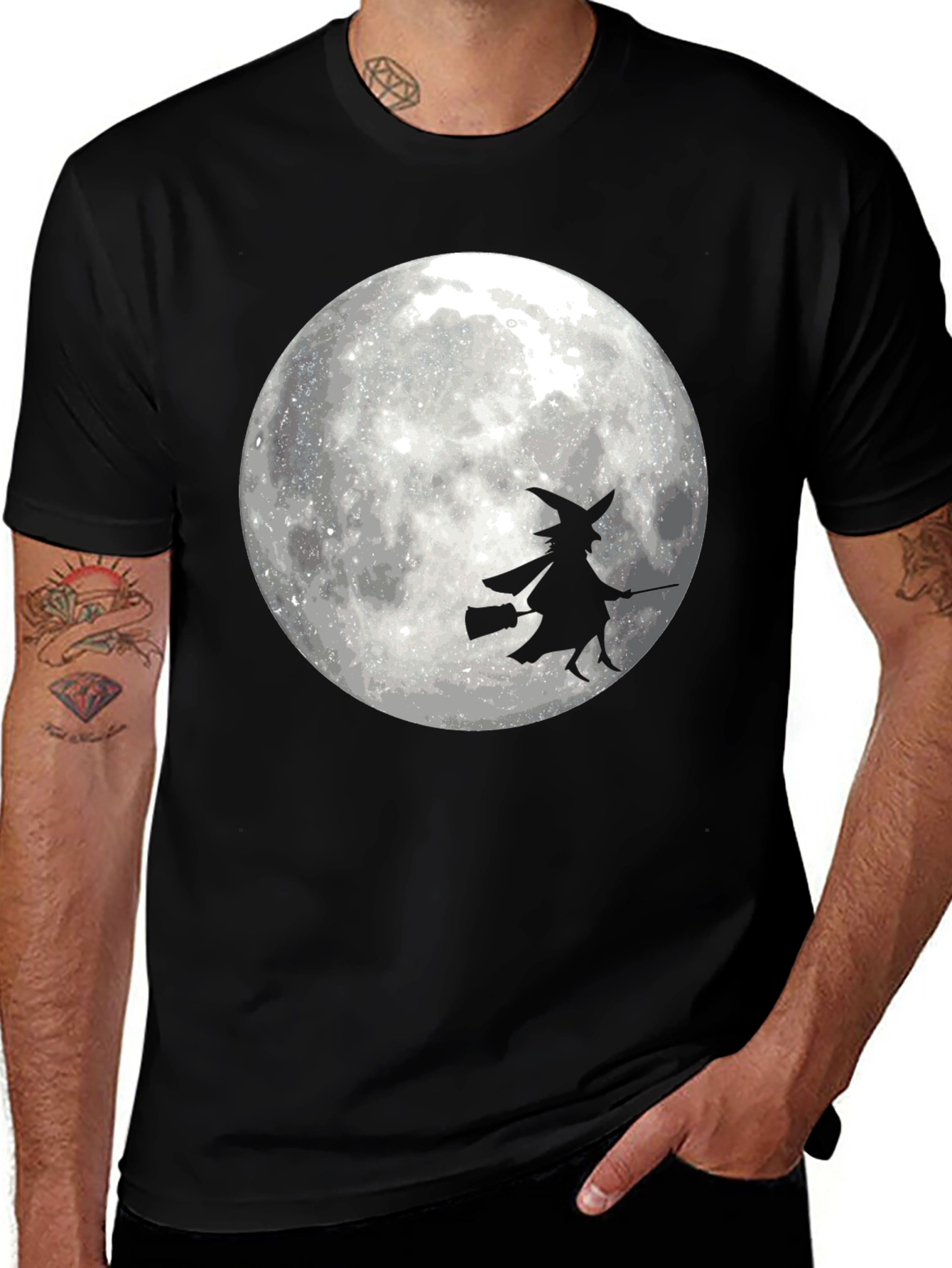 Black Halloween Witch on Moon Black T-Shirt main image