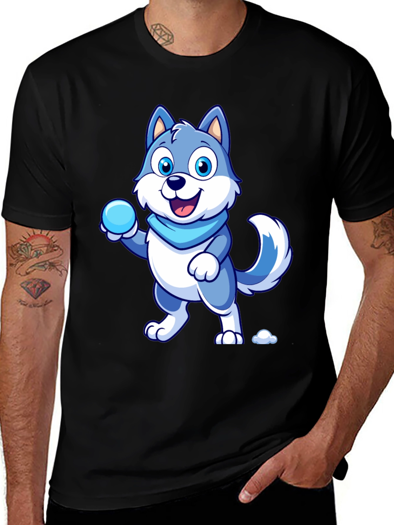 Variant 3 of Cartoon Wolf Graphic Tee - Blue & White Design
