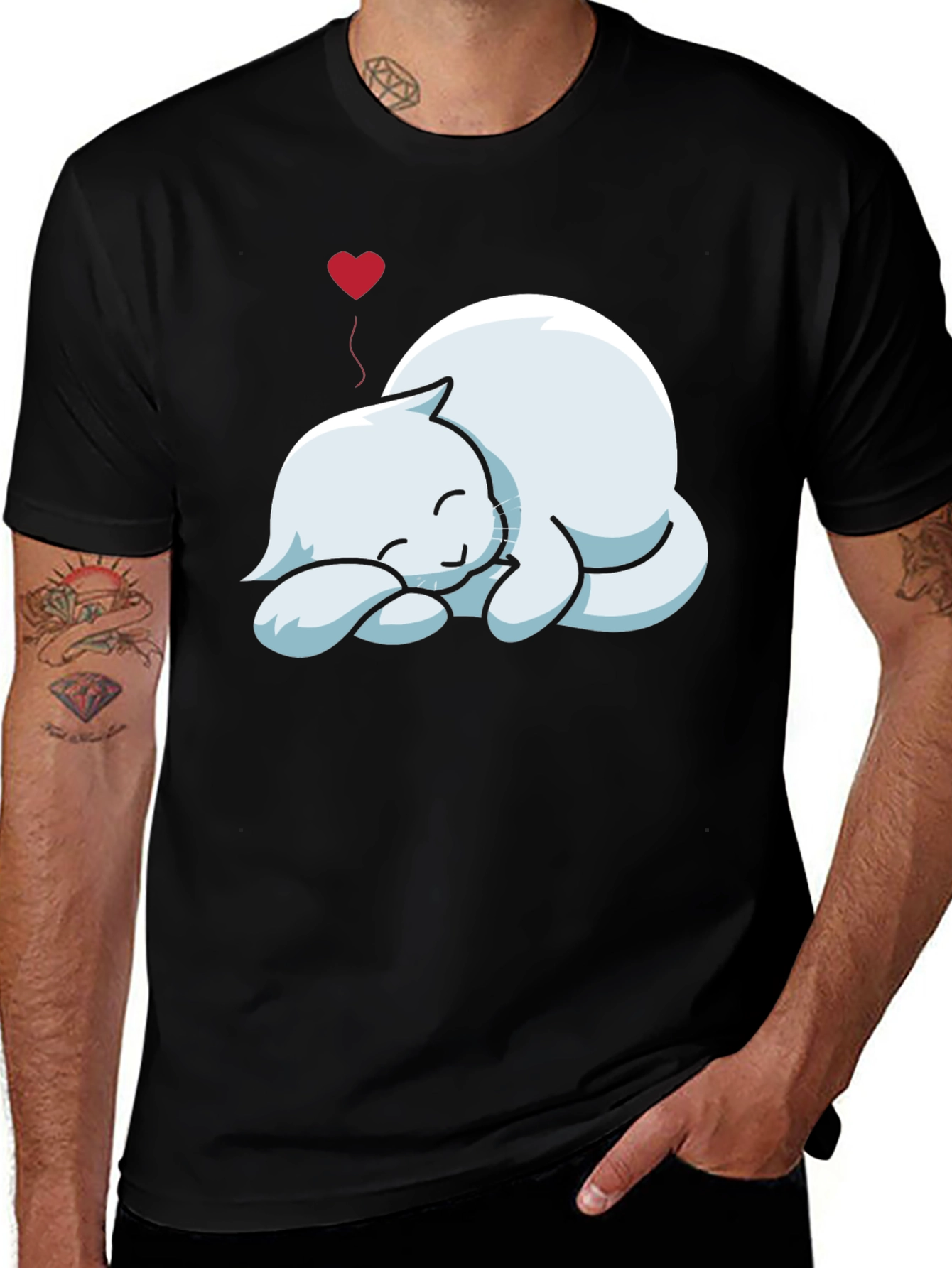 Variant 14 of Men's Black T-Shirt with Sleeping Cat Graphic