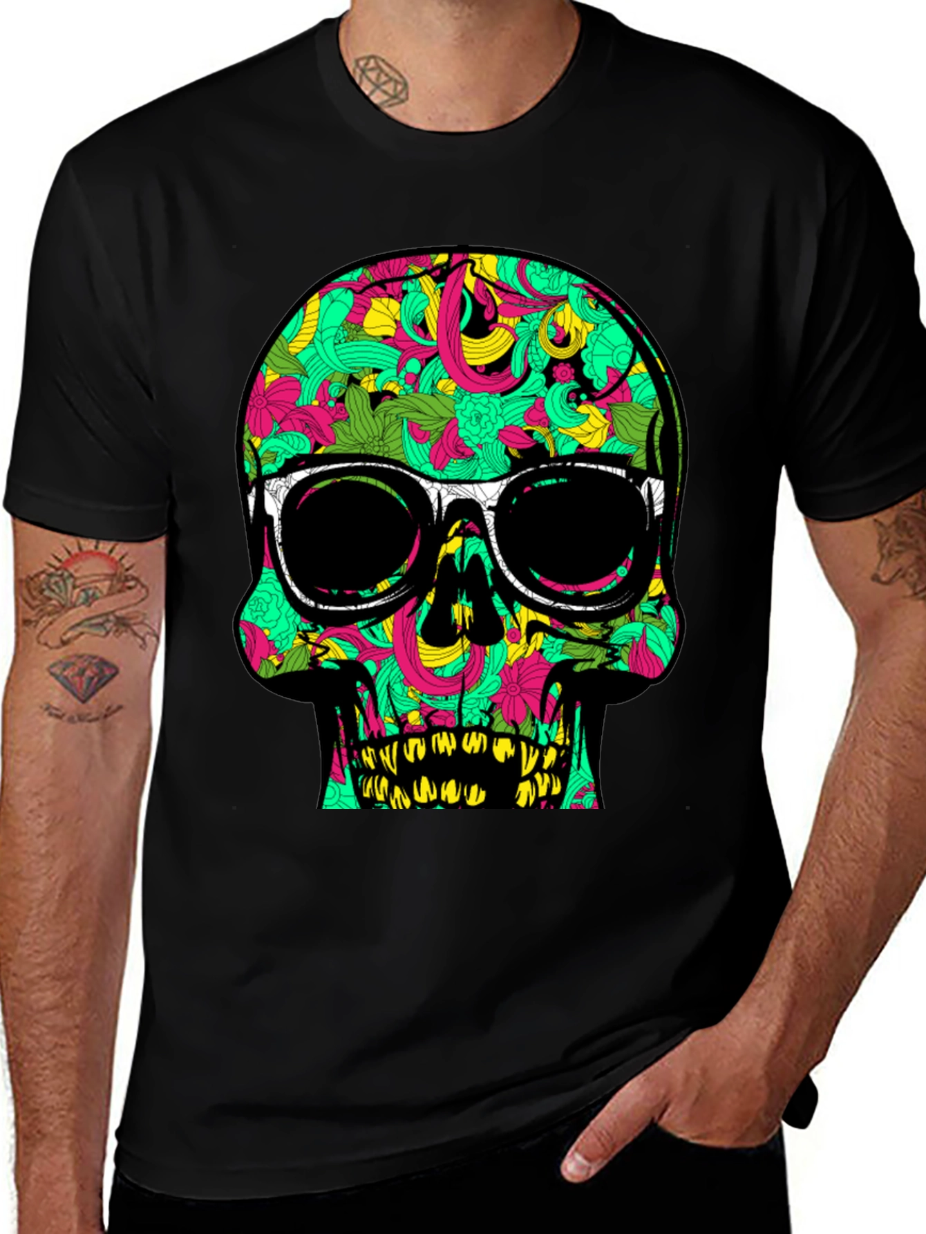 Black Cool Skull T-Shirt with Floral Pattern and Sunglasses main image
