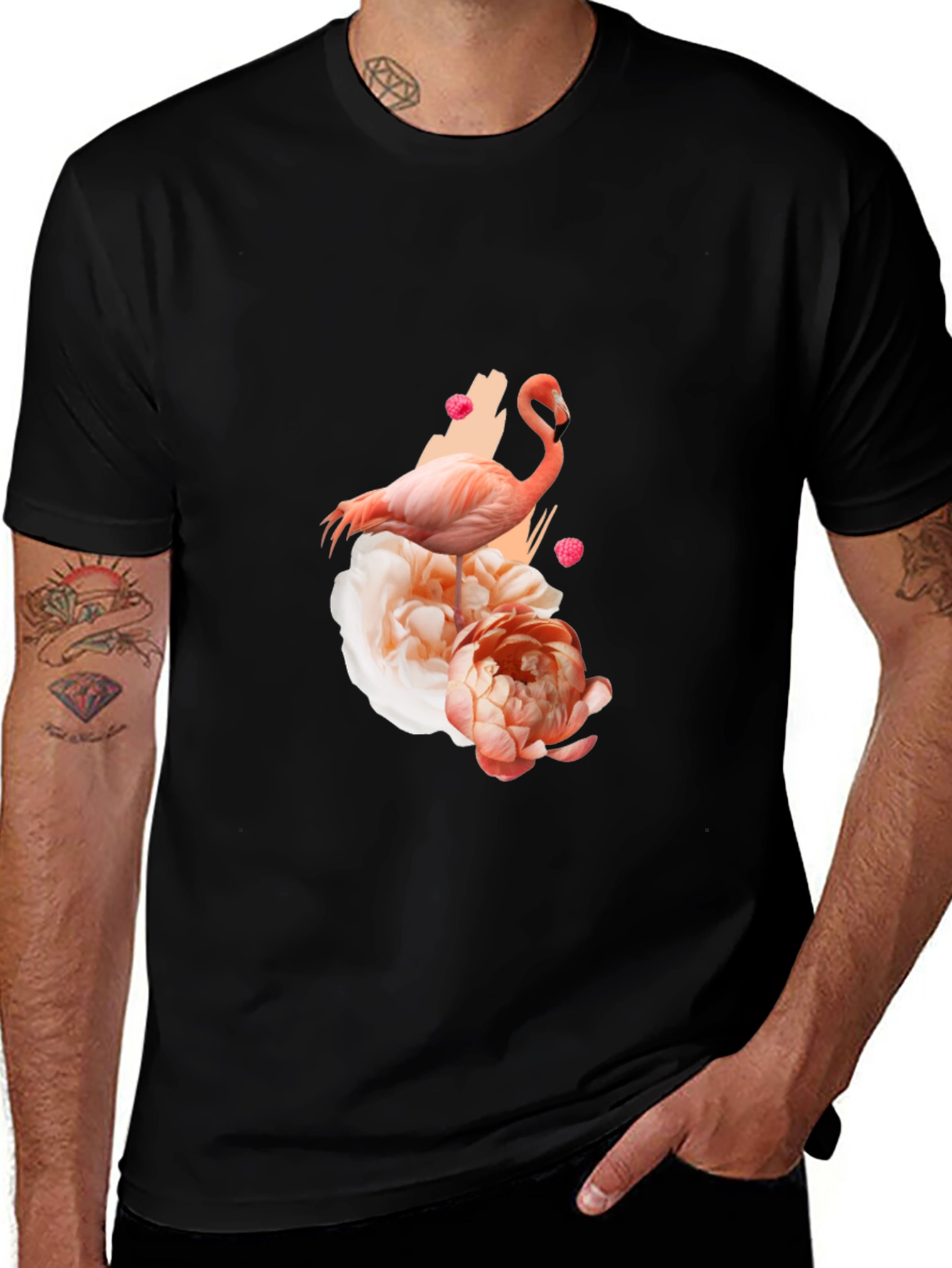 Variant 4 of Flamingo Floral Graphic Tee - Black Cotton Blend Shirt
