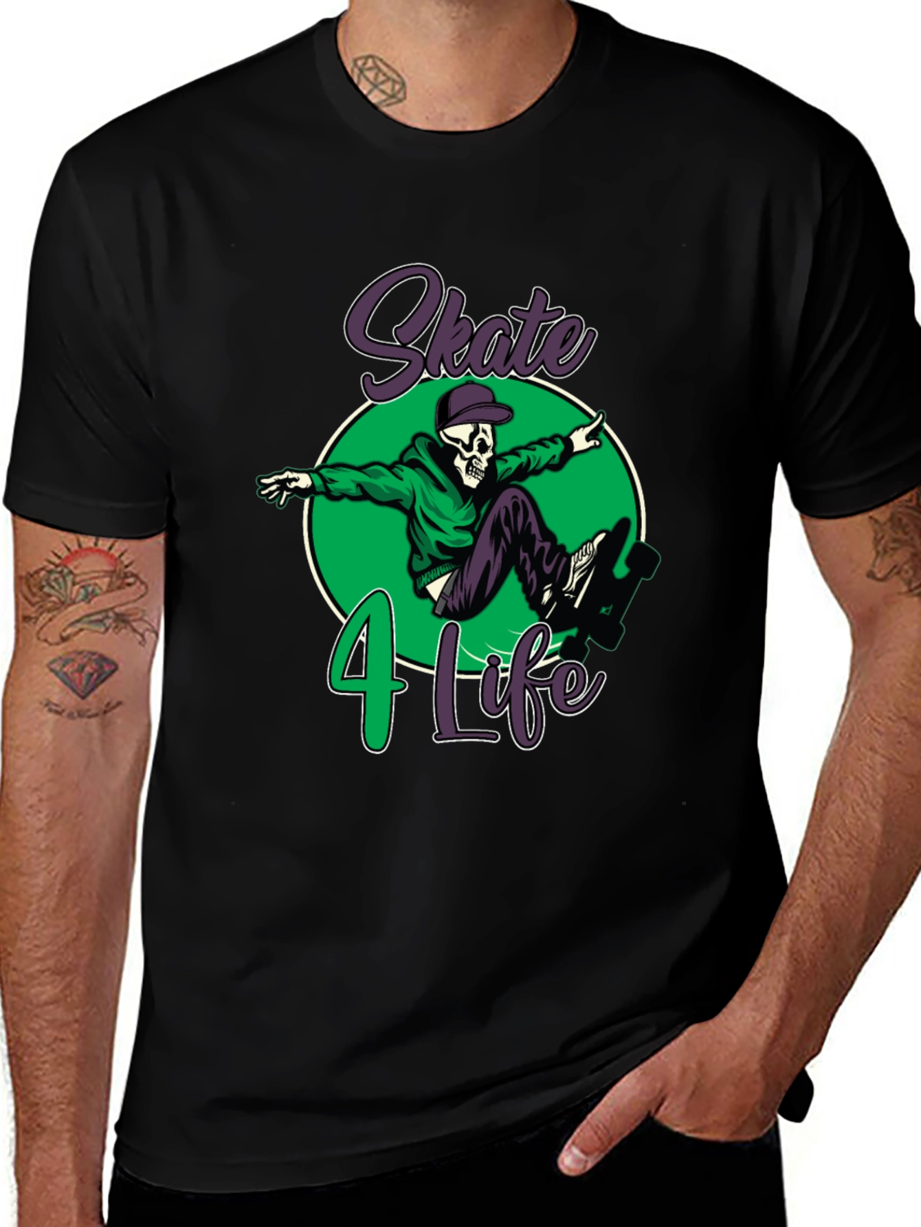 Black Skate 4 Life T-Shirt: Skull Skateboard Design main image
