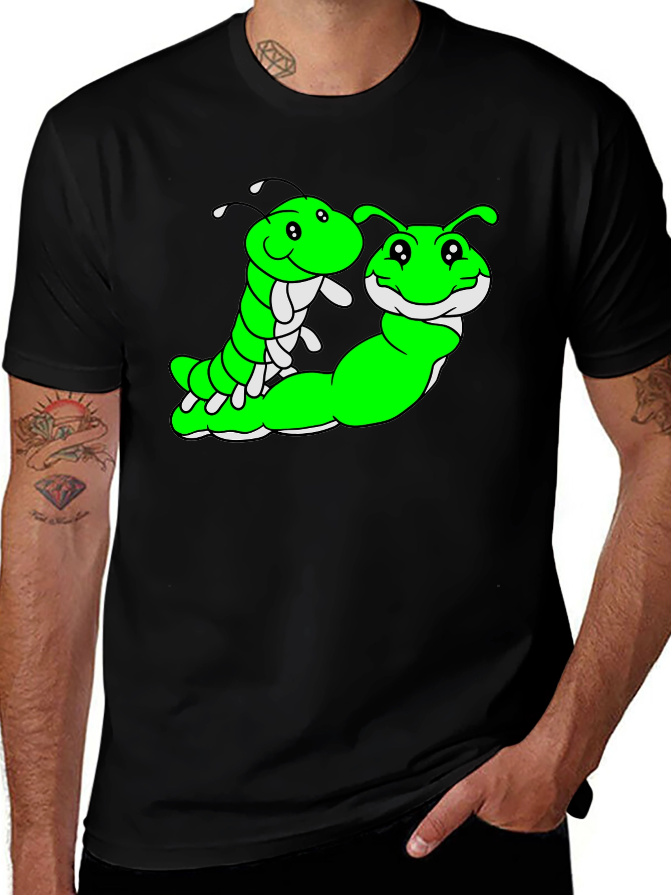 Variant 25 of Cute Green Caterpillar Graphic Black T-Shirt