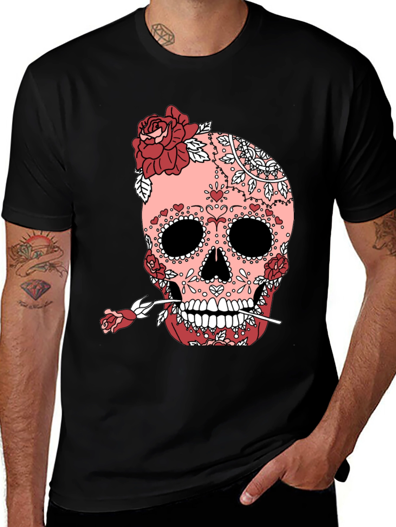 Variant 23 of Sugar Skull Rose Graphic Tee - Black Cotton