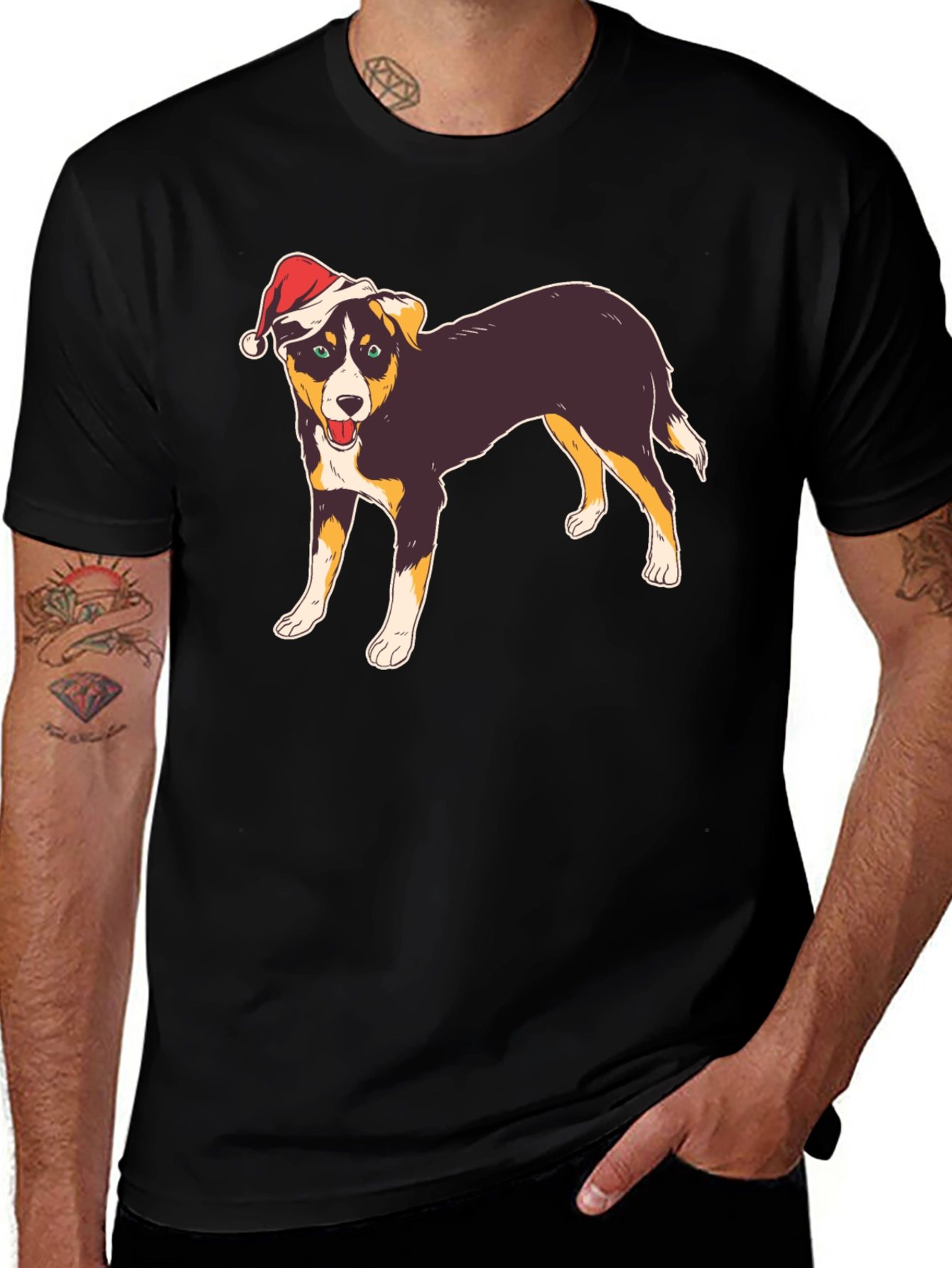 Variant 10 of Dog with Santa Hat Black T-Shirt