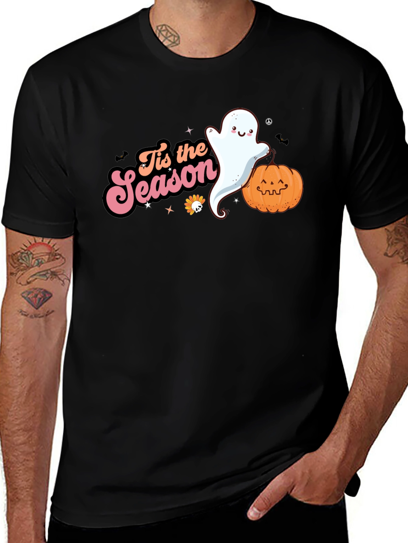Variant 4 of Tis the Season Ghost & Pumpkin Black T-Shirt