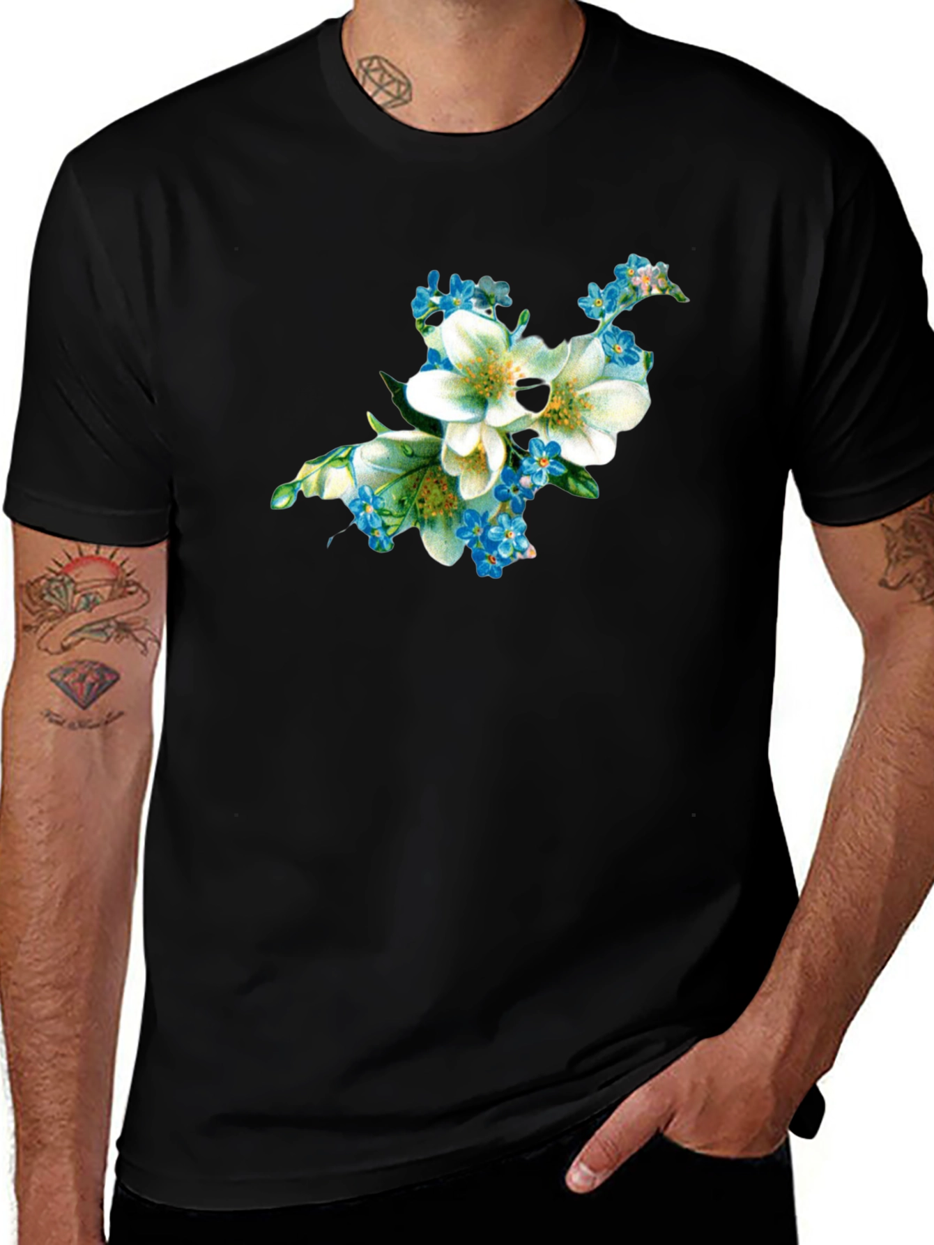 Variant 14 of Floral Print Black T-Shirt - Casual Wear