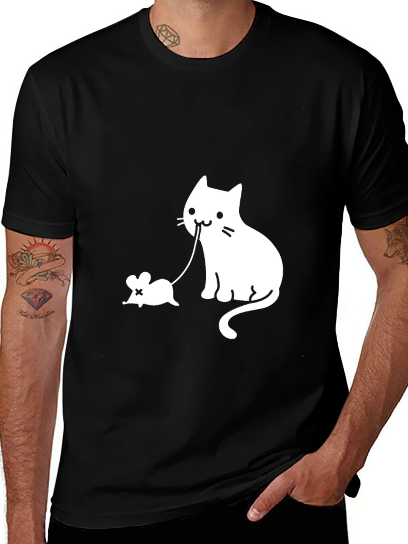 Variant 5 of Cute Cat & Mouse Graphic Tee - Black Cotton Blend