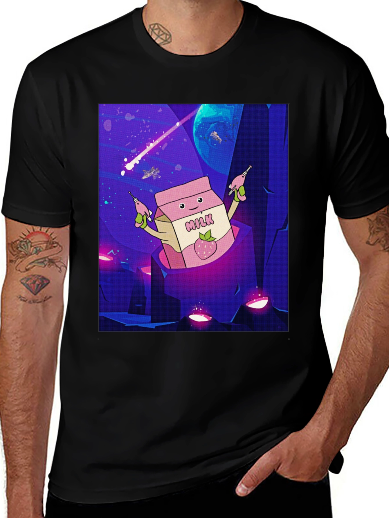 Variant 12 of Cartoon Milk Space Adventure Black T-Shirt