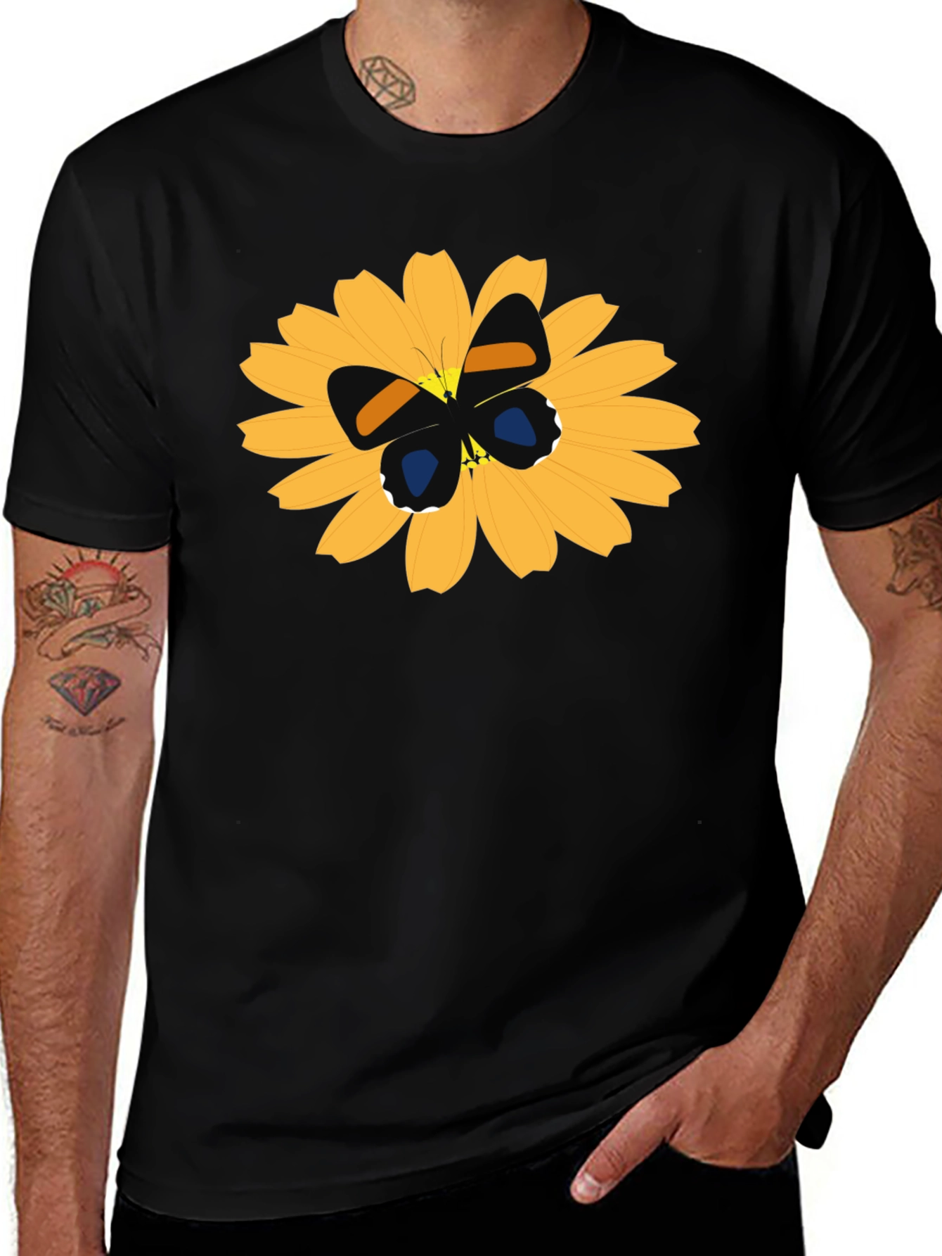Variant 21 of Black T-Shirt with Butterfly on Flower Design