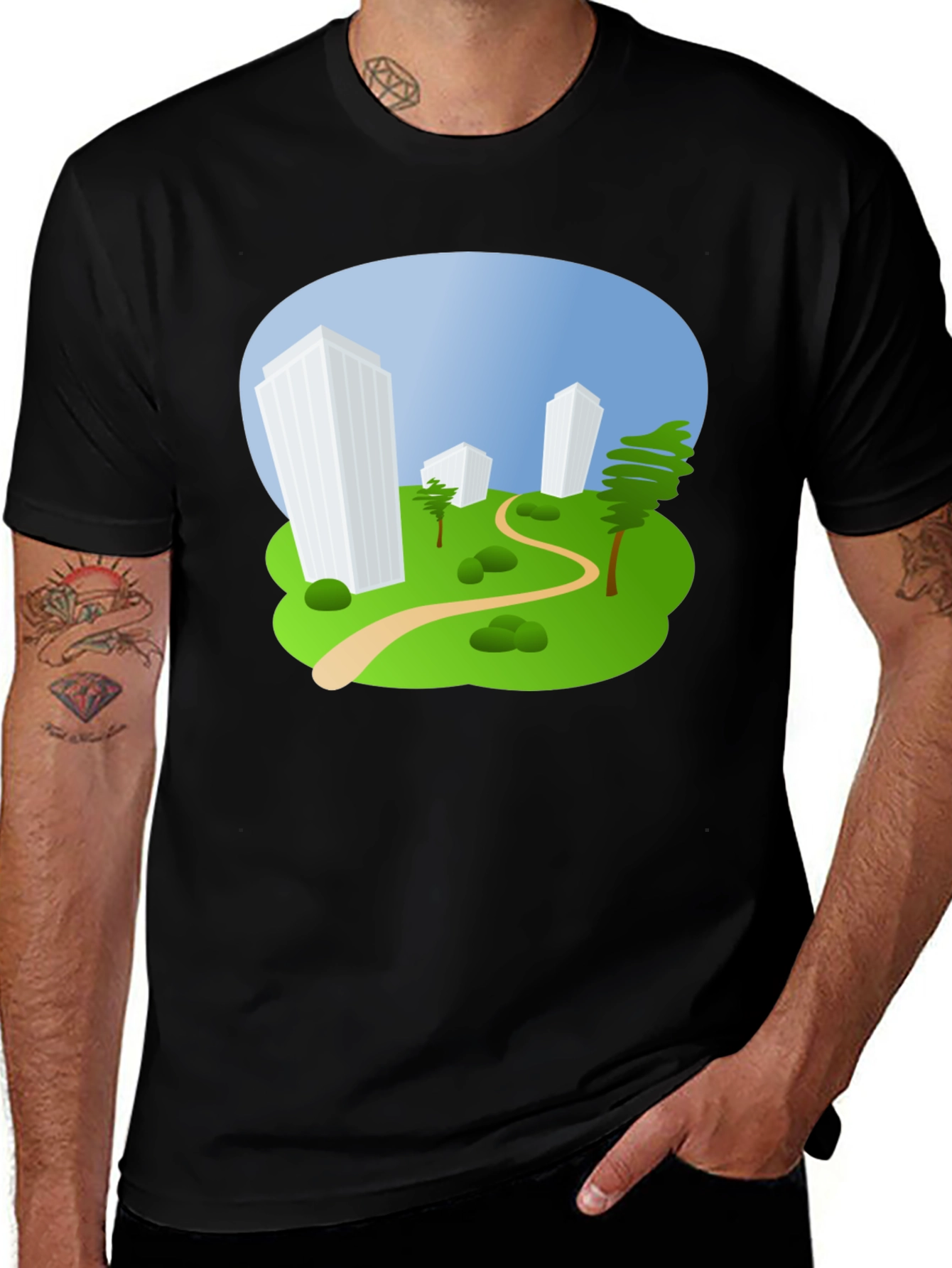 Variant 10 of Cityscape Cartoon Graphic Tee - Black Cotton Shirt