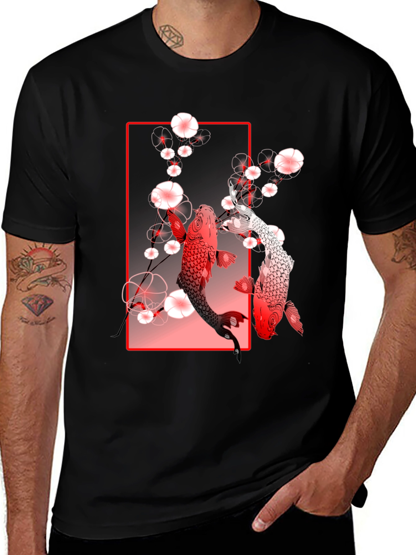 Variant 4 of Koi Fish Graphic Tee - Black Cotton T-Shirt