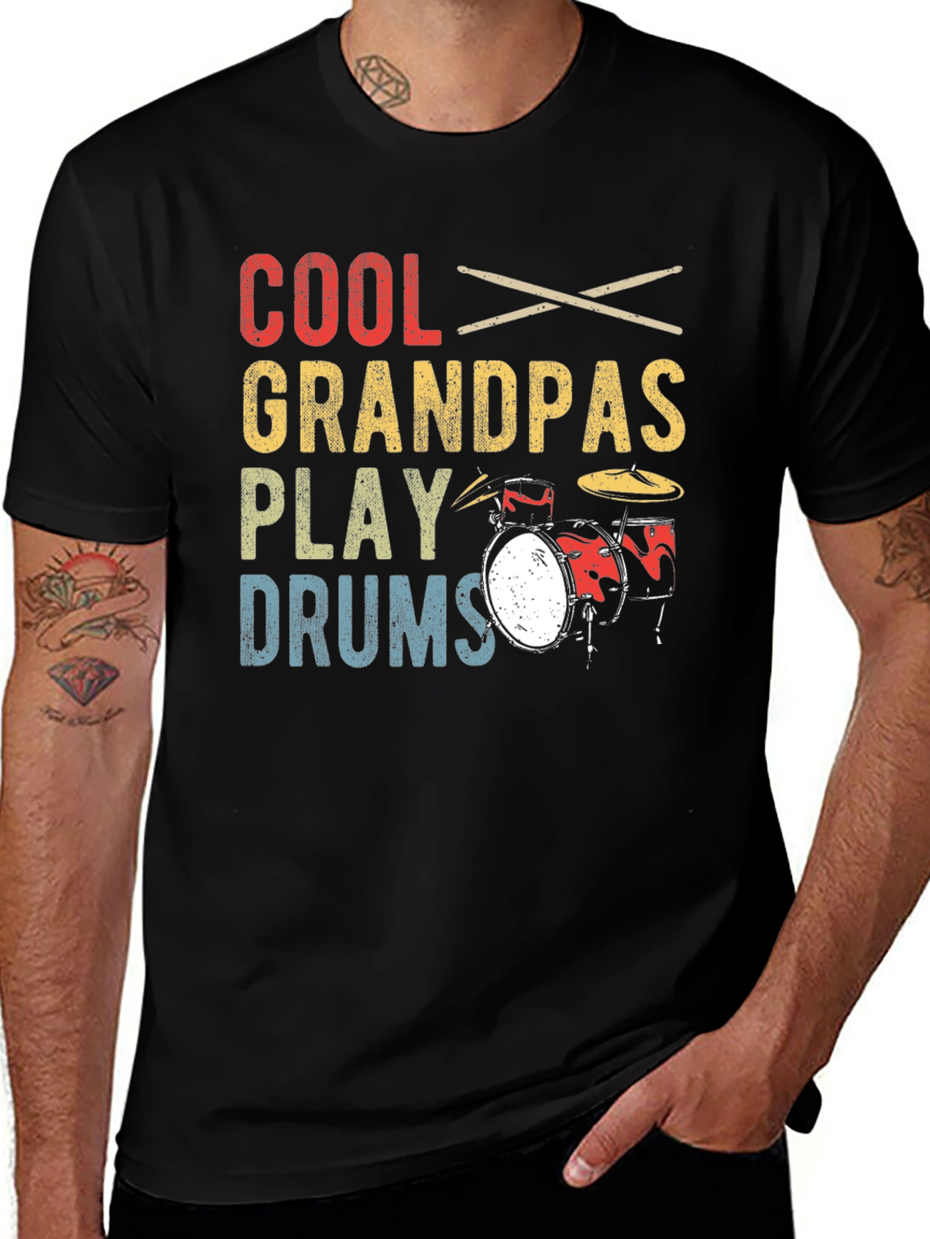 Black Cool Grandpas Play Drums T-Shirt main image