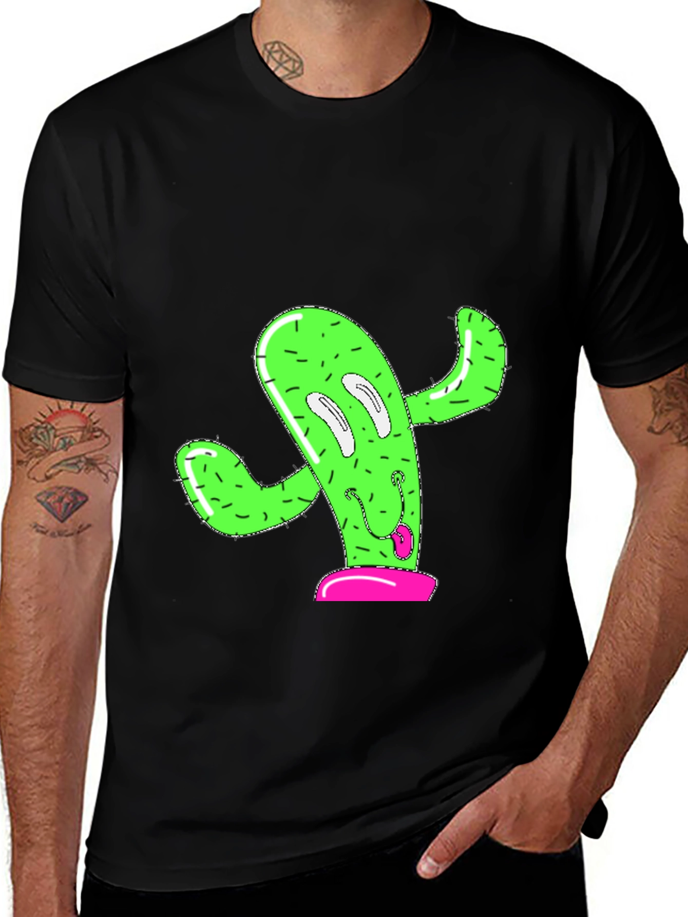 Variant 16 of Funny Cactus Graphic Tee - Black Cotton T-Shirt