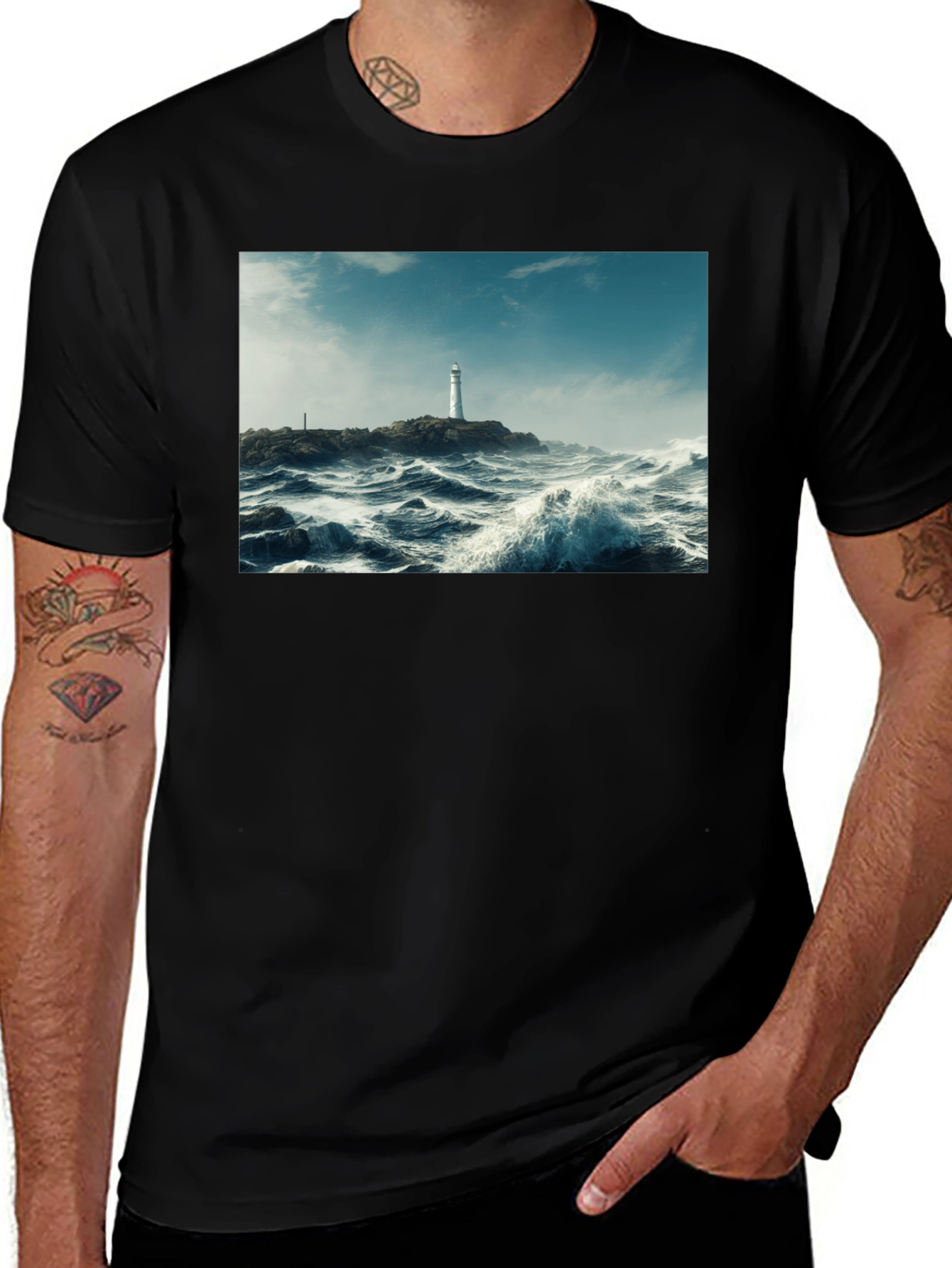 Lighthouse Waves Graphic Black T-Shirt
