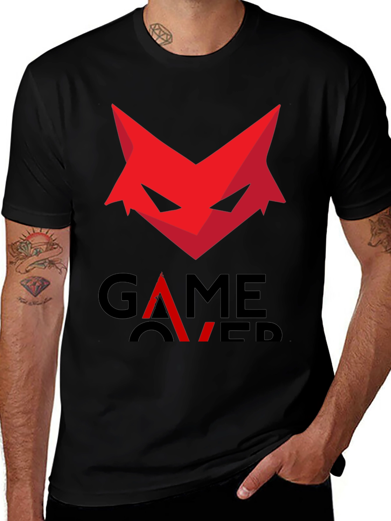 Variant 18 of Game Over T-Shirt - Red Fox Design, Black Cotton