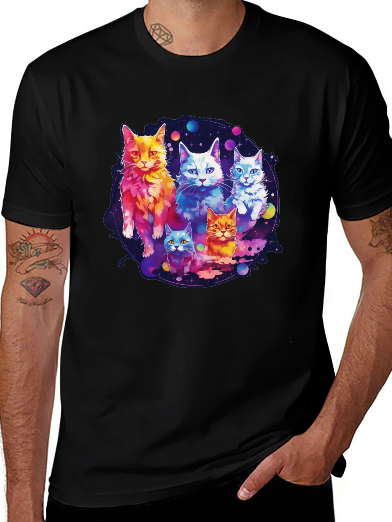 Cosmic Cat Crew T-Shirt - Galaxy Feline Design