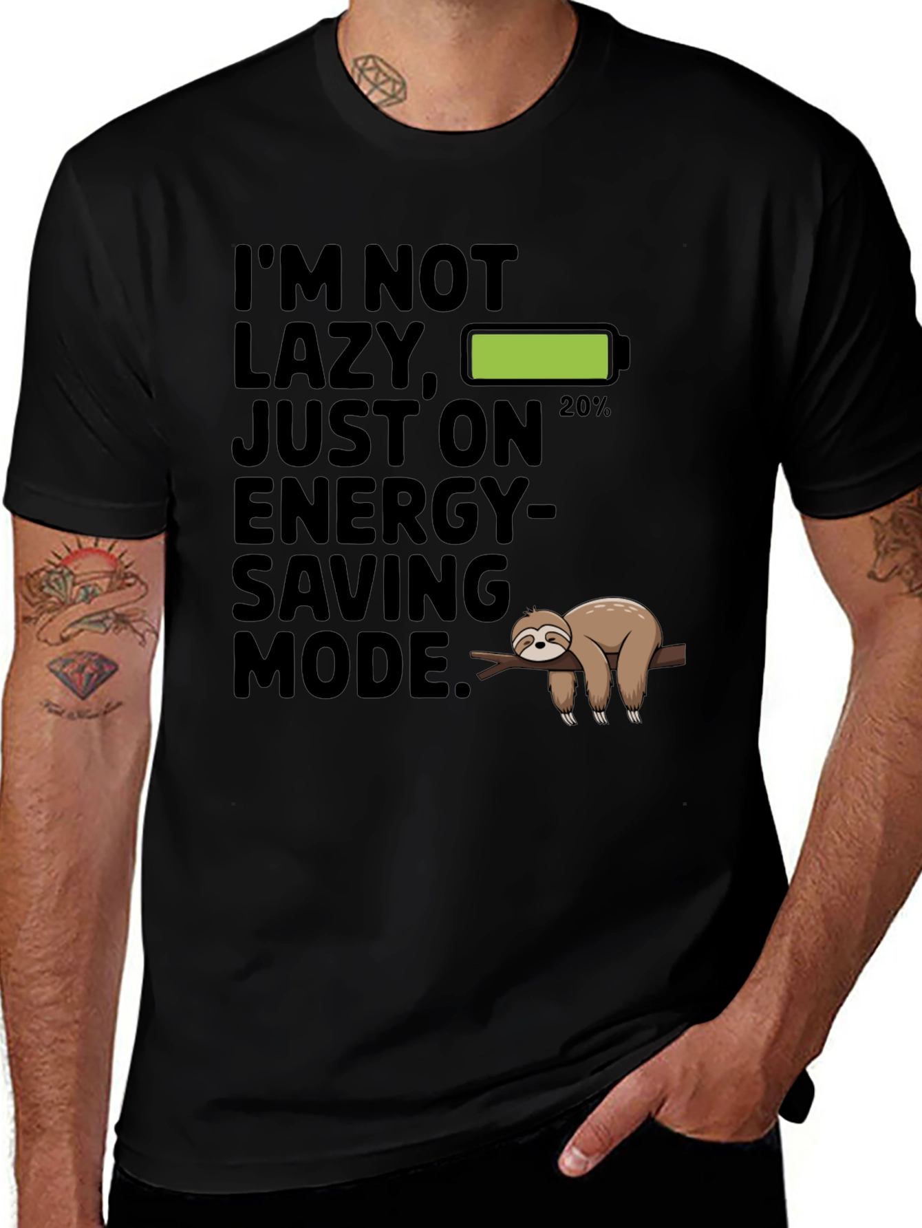 Black Funny Sloth Energy Saving Mode Graphic T-Shirt main image