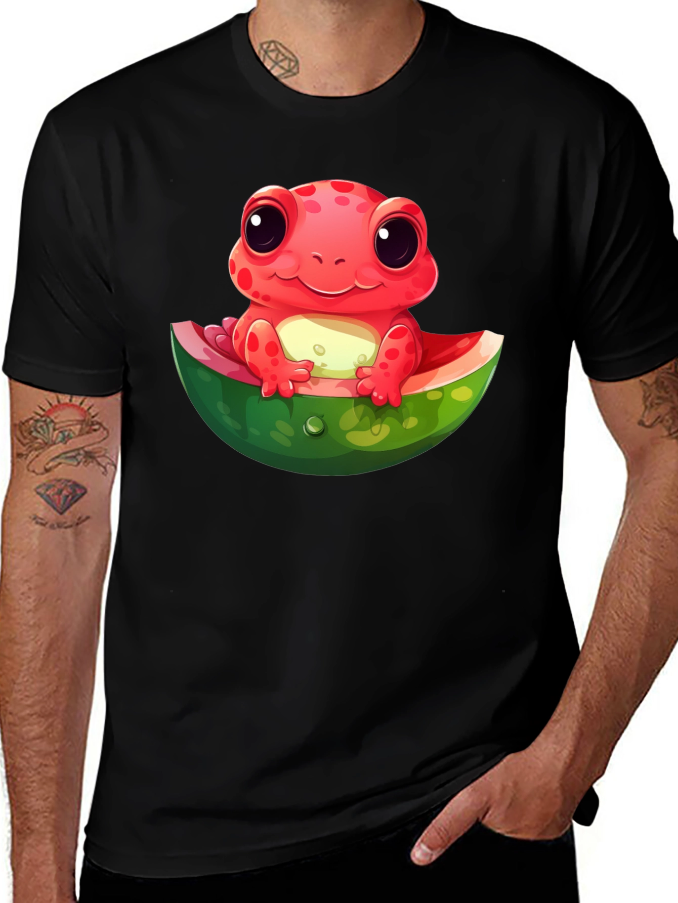 Variant 10 of Cartoon Frog on Watermelon Black T-Shirt