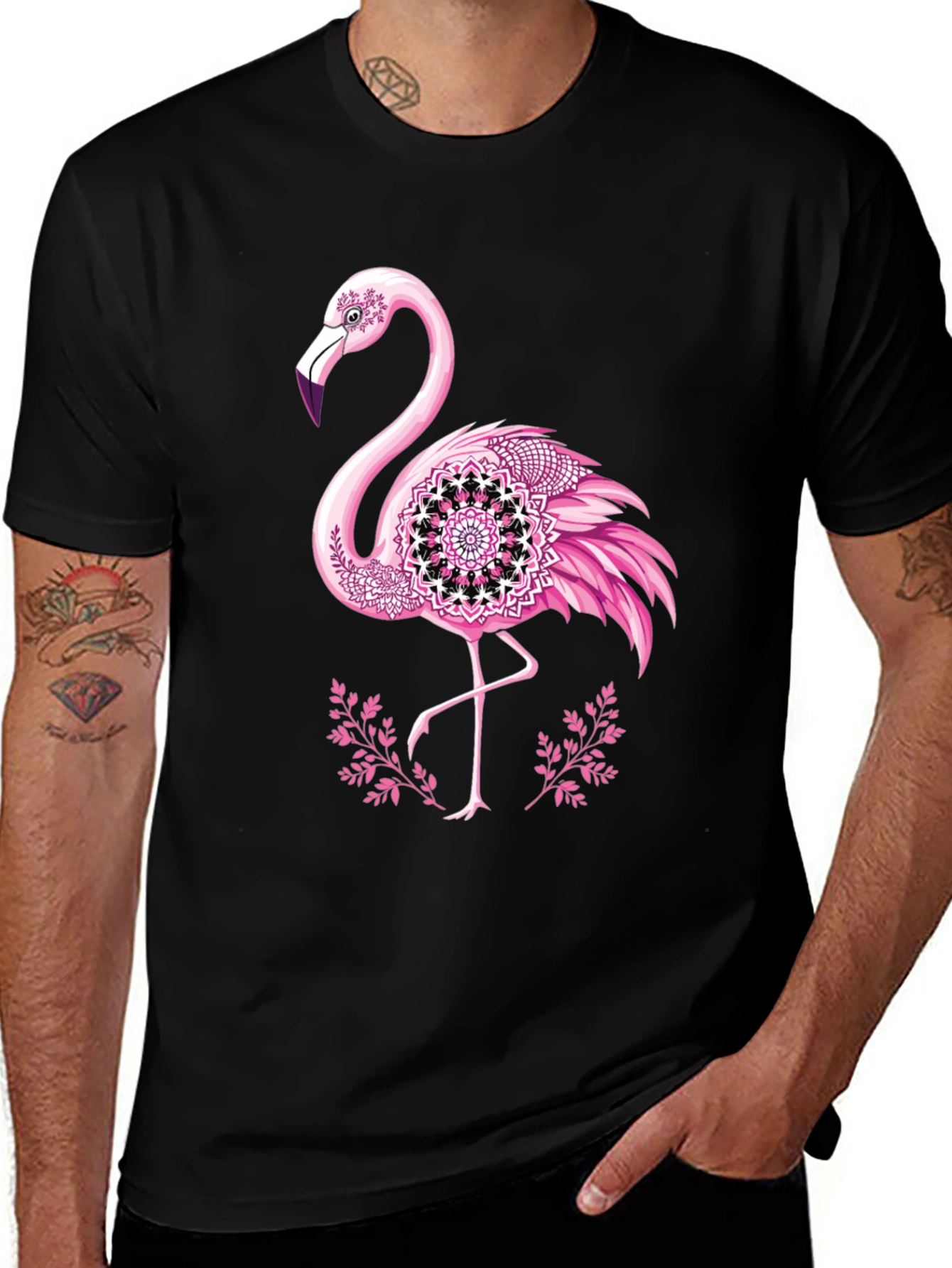 Variant 26 of Flamingo Mandala Graphic Tee - Men's Black T-Shirt