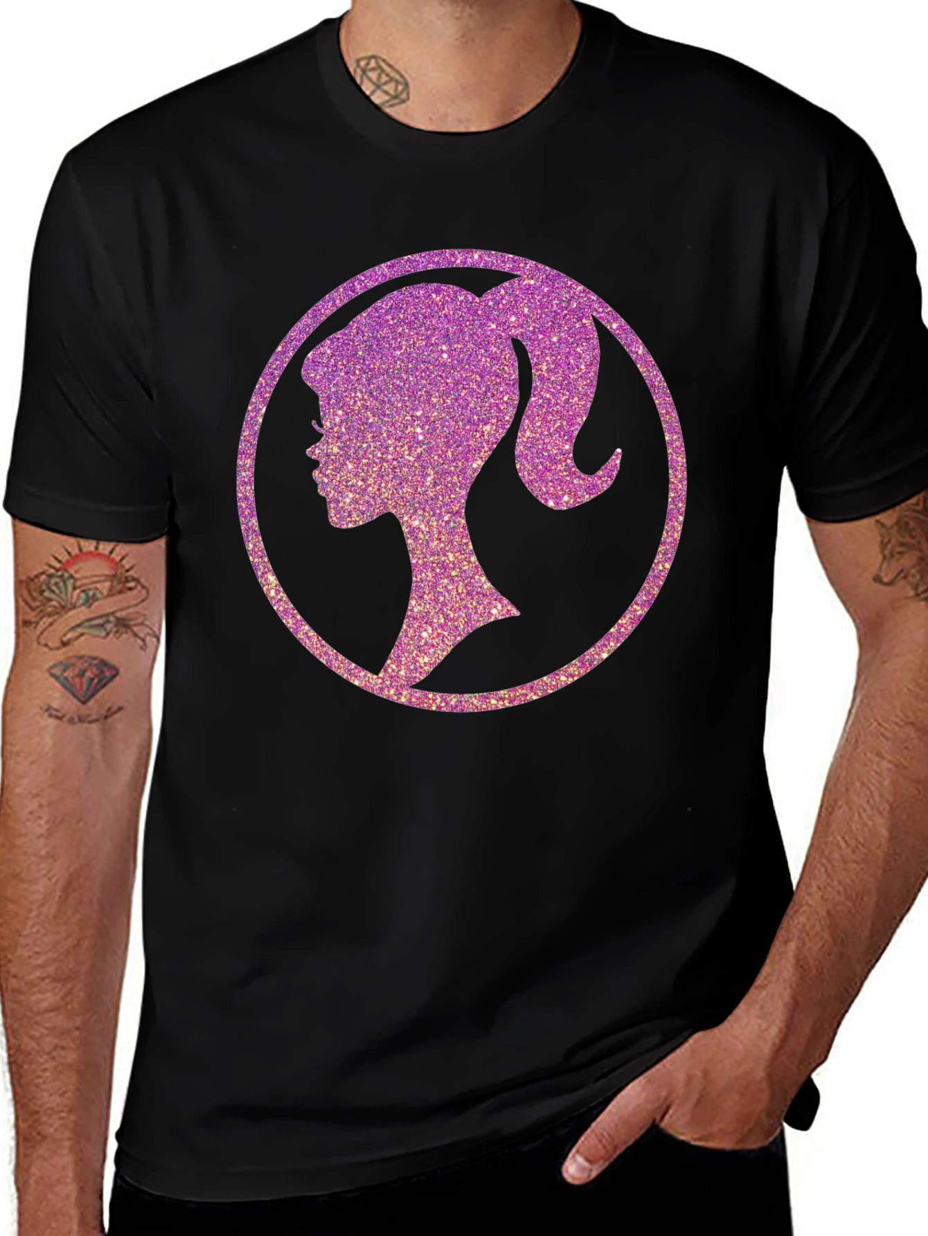 Barbie Profile Glitter Graphic Black T-Shirt