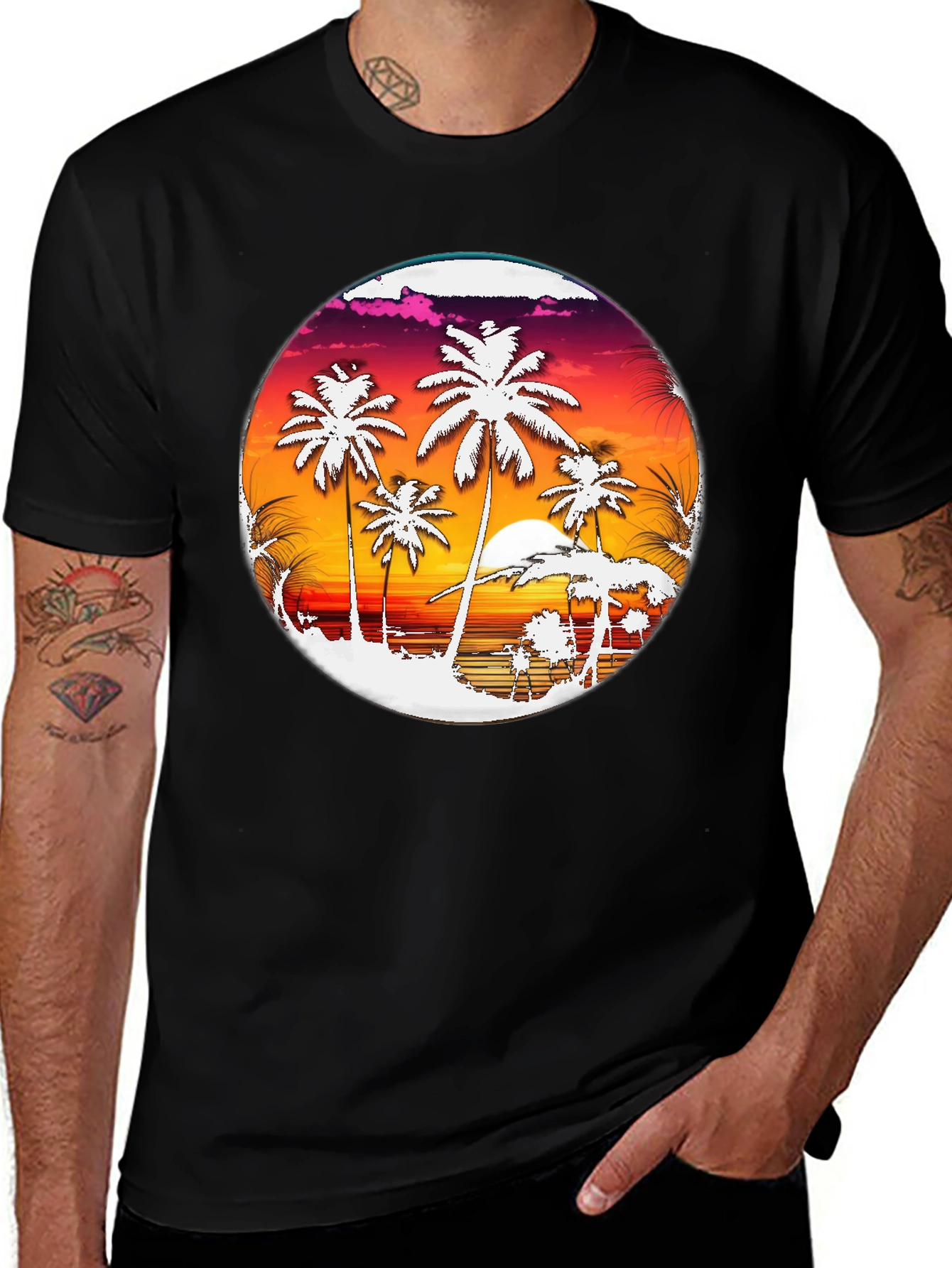 Variant 28 of Tropical Sunset Palm Tree Graphic Tee - Black