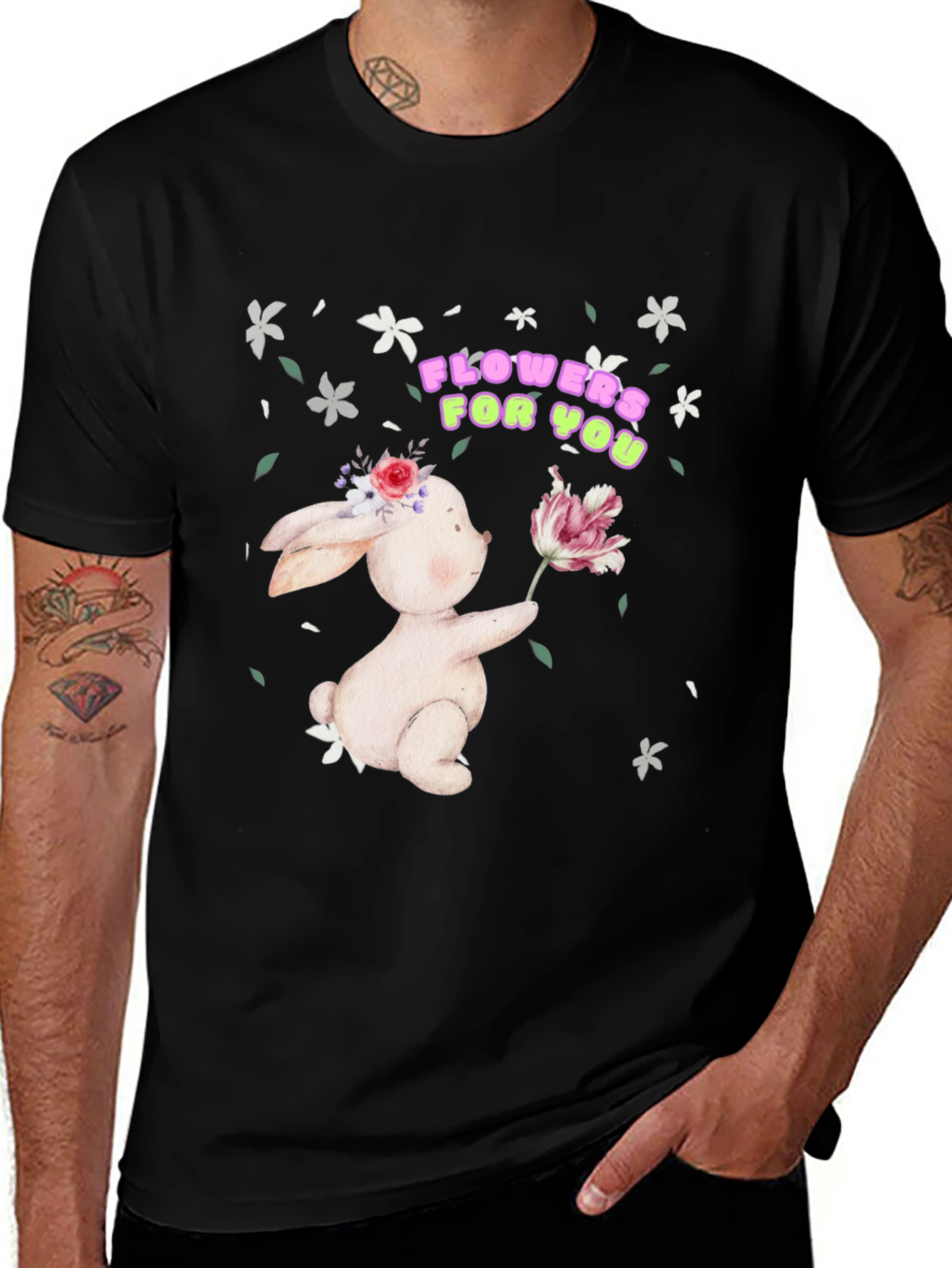Variant 29 of Bunny With Flowers Black T-Shirt
