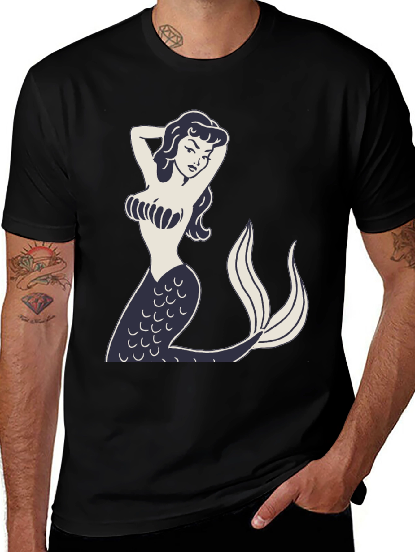 Variant 28 of Mermaid Graphic Tee - Vintage Style Black T-Shirt