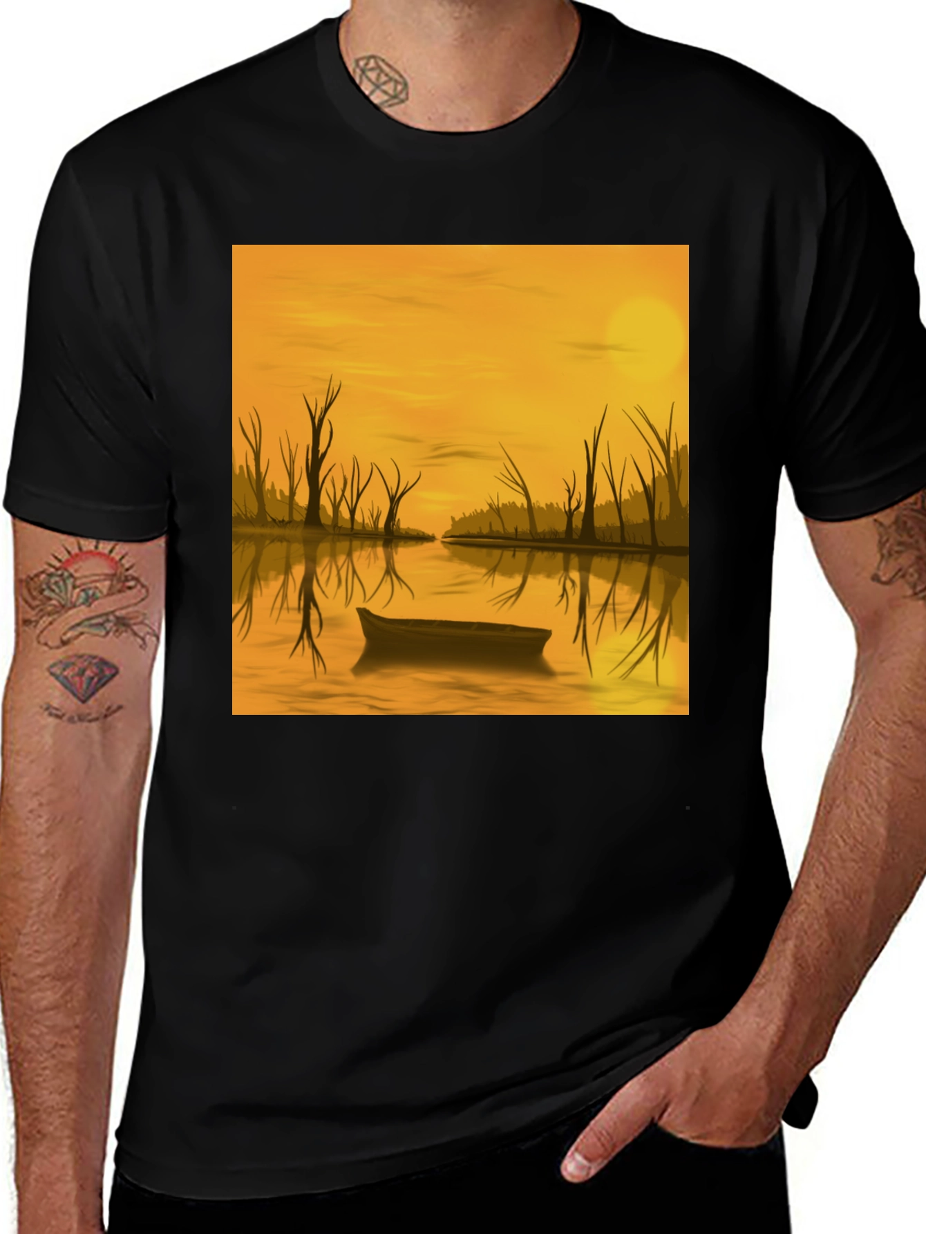 Variant 7 of Sunset Lake Boat Graphic Tee