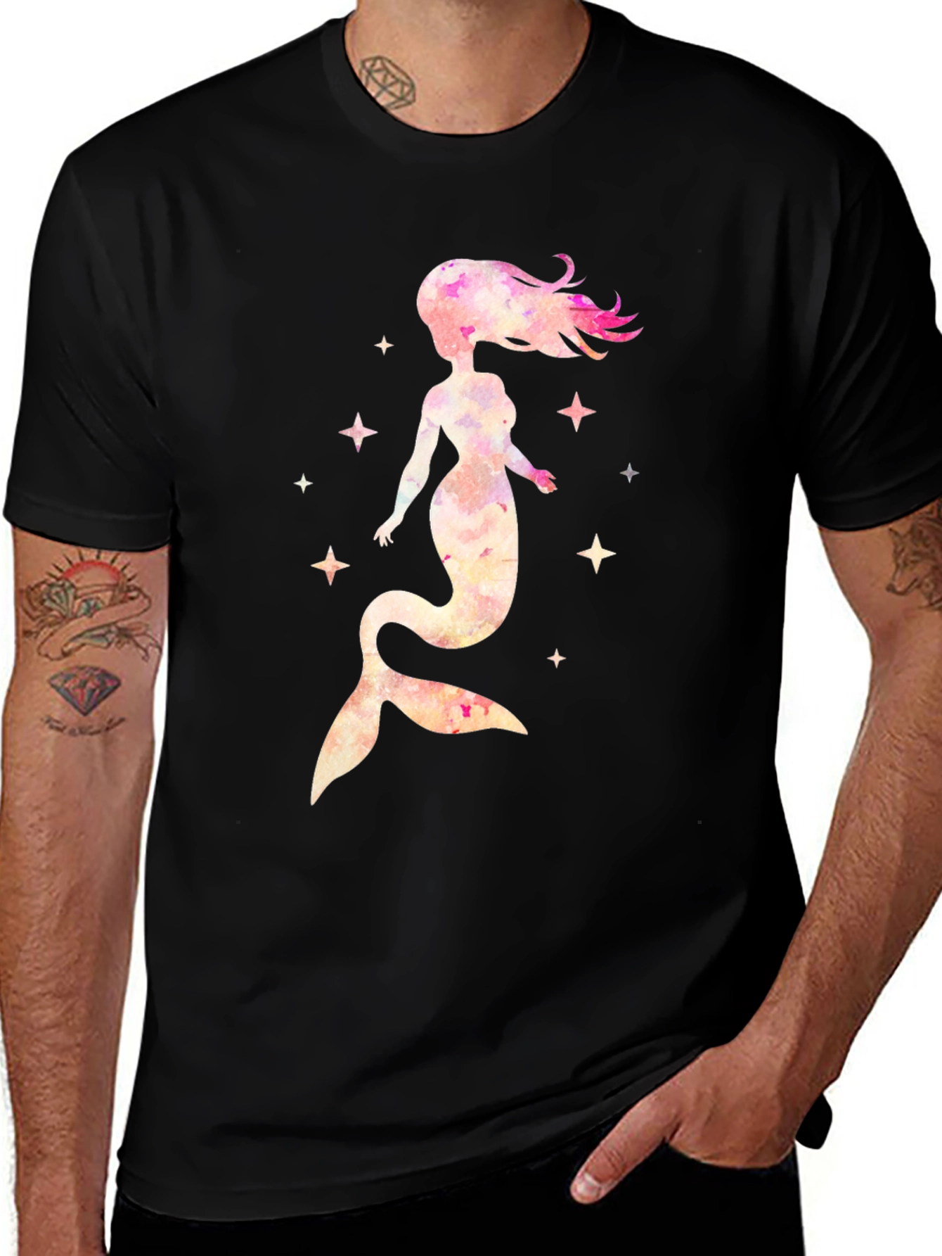 Variant 13 of Watercolor Mermaid Graphic Black T-Shirt