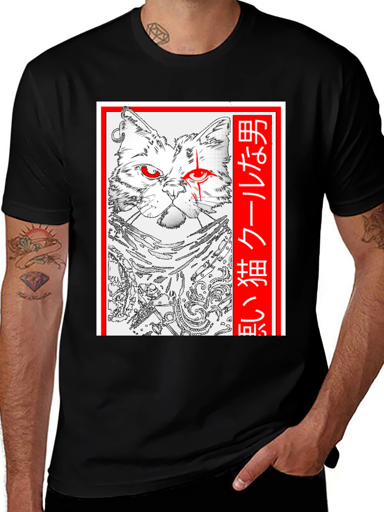 Cool Cat Anime Graphic T-Shirt - Black