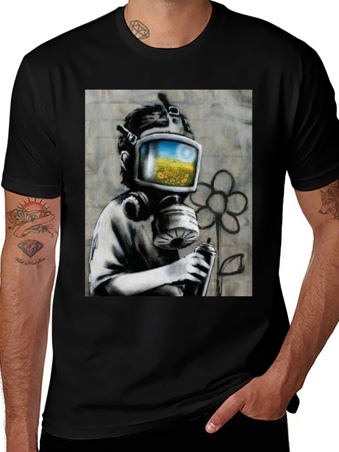 Variant 7 of Banksy Inspired Gas Mask Graffiti Art T-Shirt