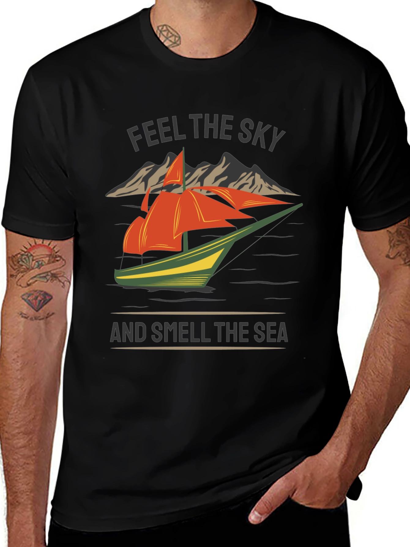 Variant 14 of Feel the Sky T-Shirt - Sailboat & Mountain Design
