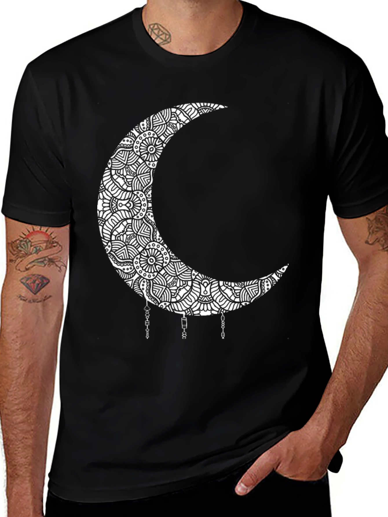 Boho Moon Mandala Graphic Black T-Shirt