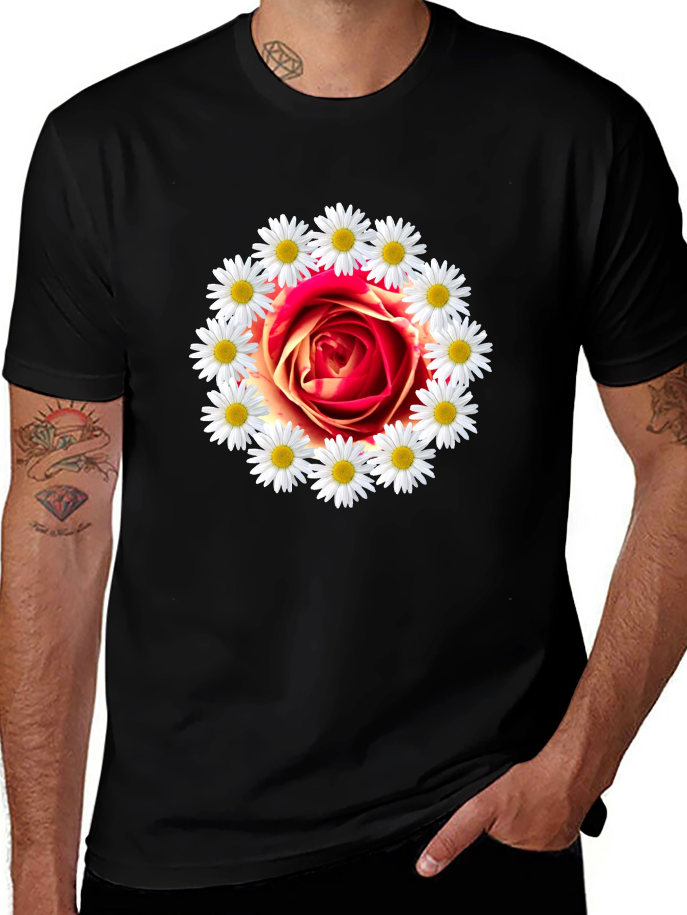 Variant 8 of Rose and Daisy Graphic Tee - Black Cotton T-Shirt