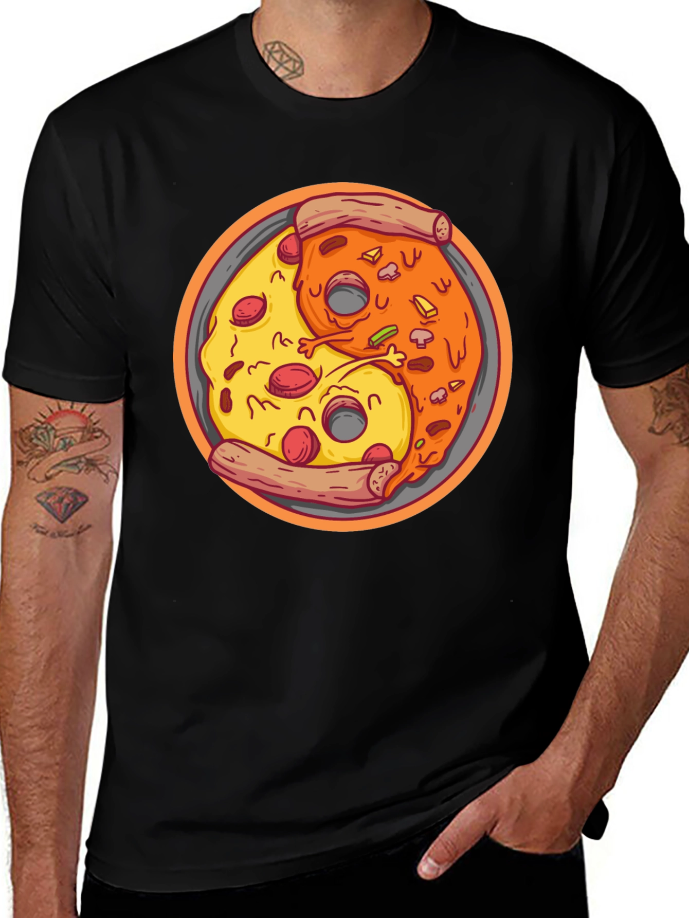 Variant 17 of Yin Yang Pizza Graphic Tee - Unisex Black T-Shirt