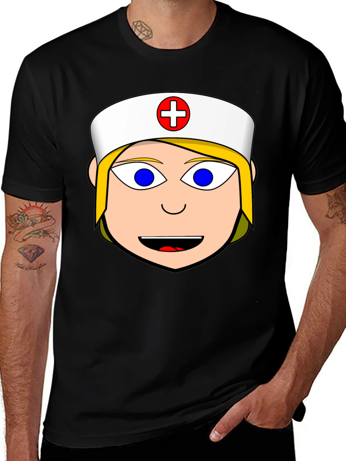 Variant 11 of Nurse Cartoon Graphic Tee - Black Cotton Blend Shirt