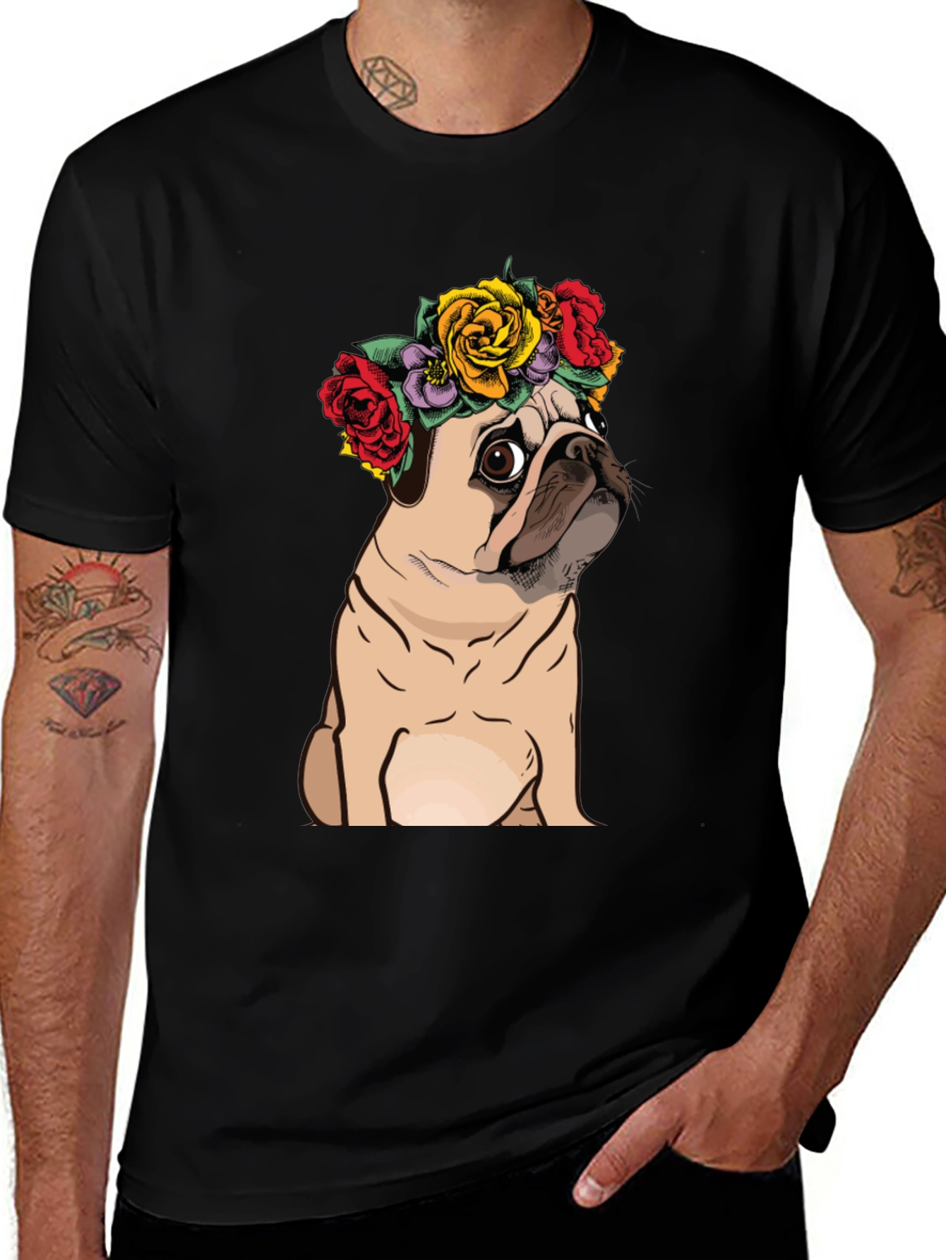 Variant 2 of Floral Pug Graphic Black T-Shirt