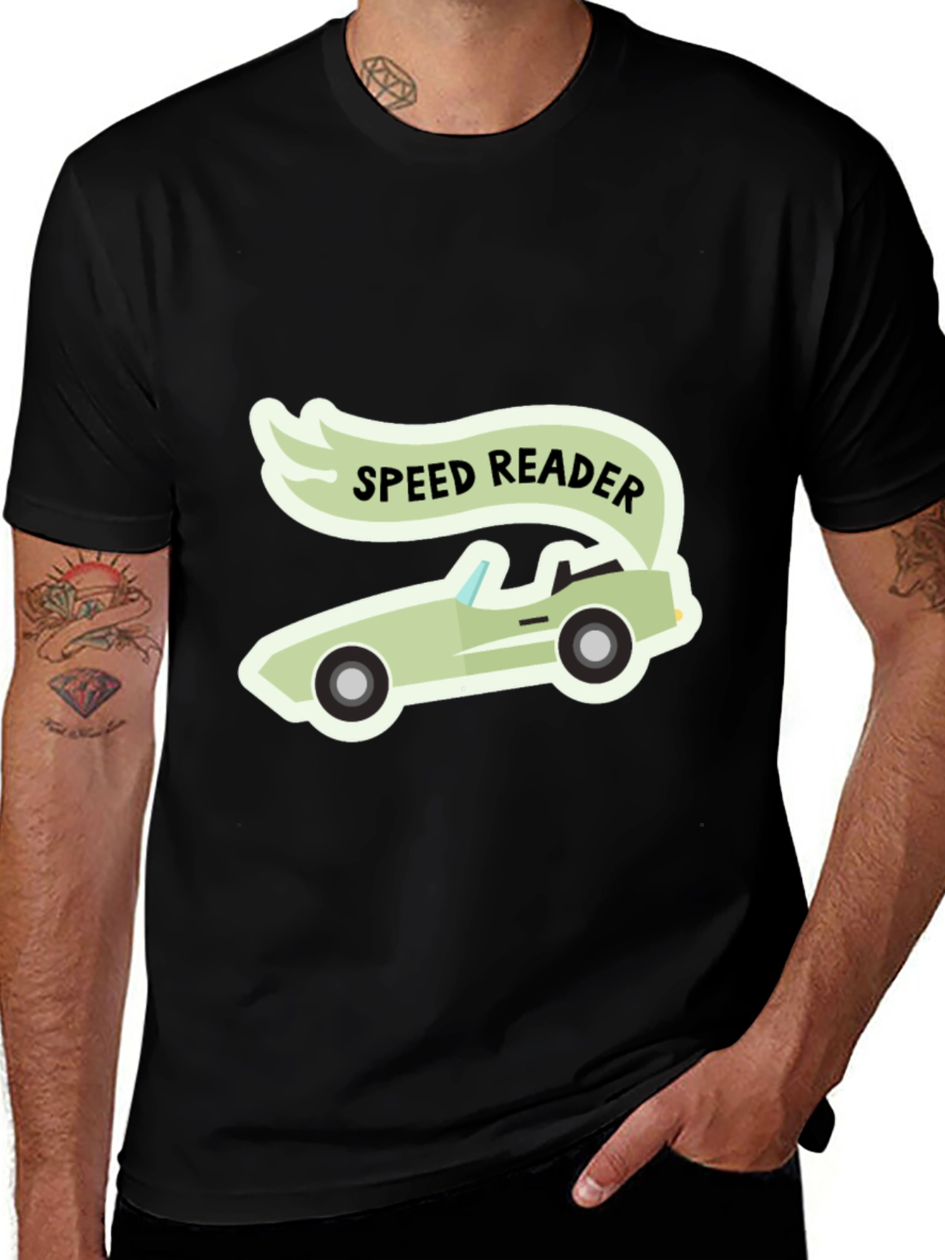 Variant 16 of Speed Reader Car Graphic T-Shirt - Black Cotton Tee